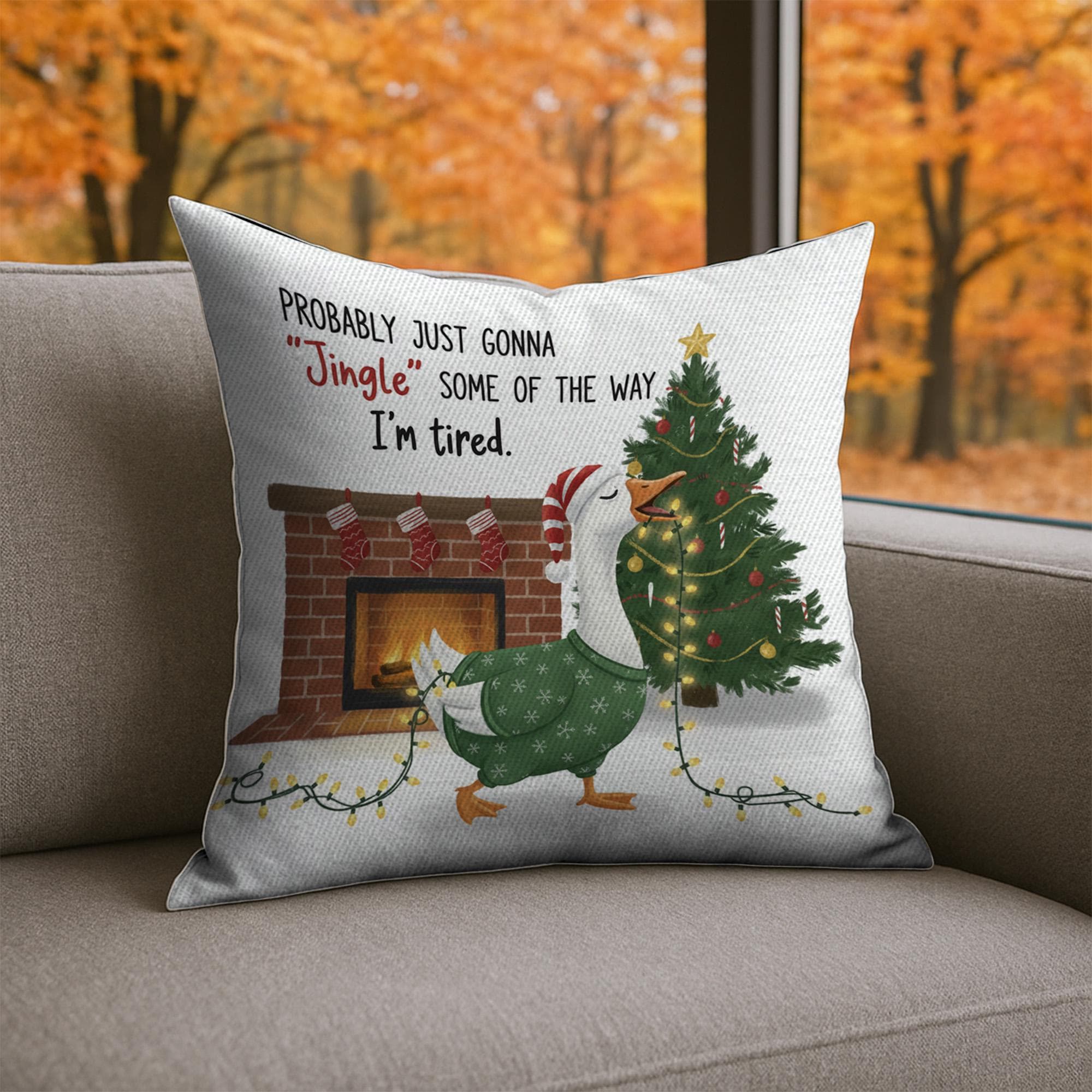 Christmas Goose Throw Pillow – Holiday Cushion with Fireplace and Tree Design