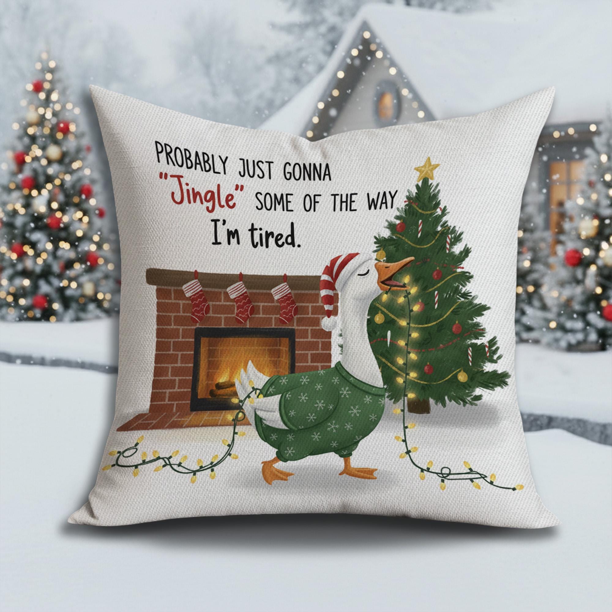 Christmas Goose Throw Pillow – Holiday Cushion with Fireplace and Tree Design