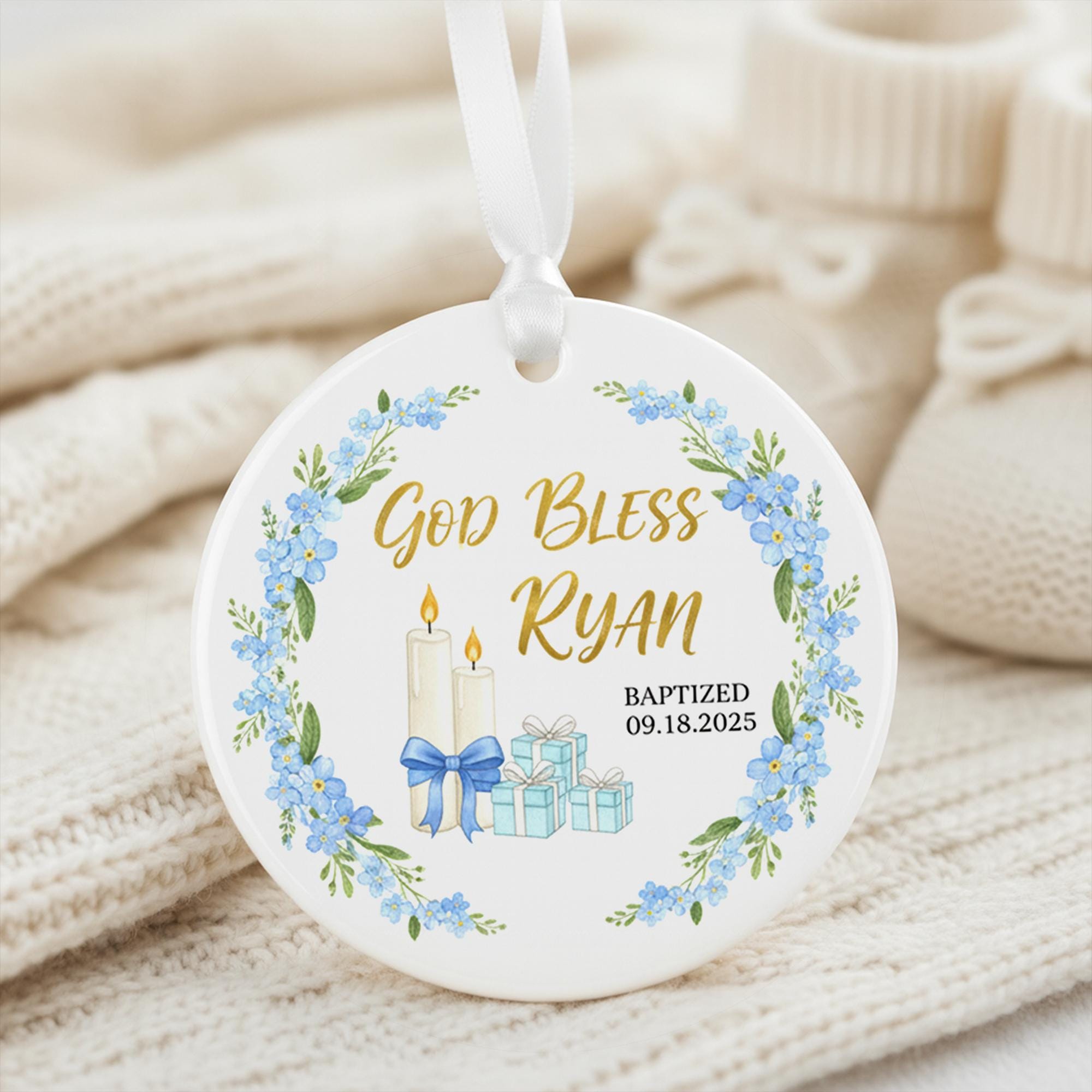 Custom God Bless Ornament – Baby Baptism Christening Keepsake with Name and Date