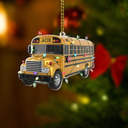 Personalized School Bus Ornament – Custom Name Yellow Bus Christmas Tree Decoration