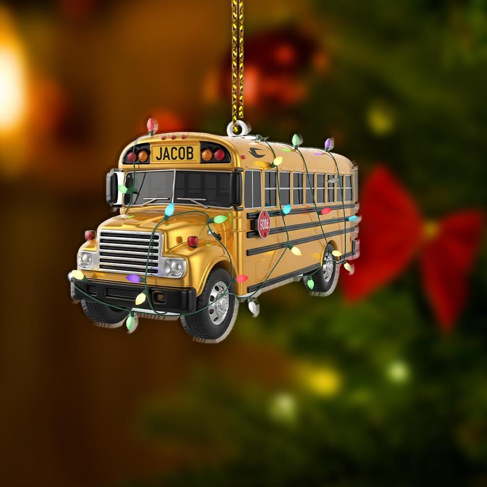 Personalized School Bus Ornament – Custom Name Yellow Bus Christmas Tree Decoration