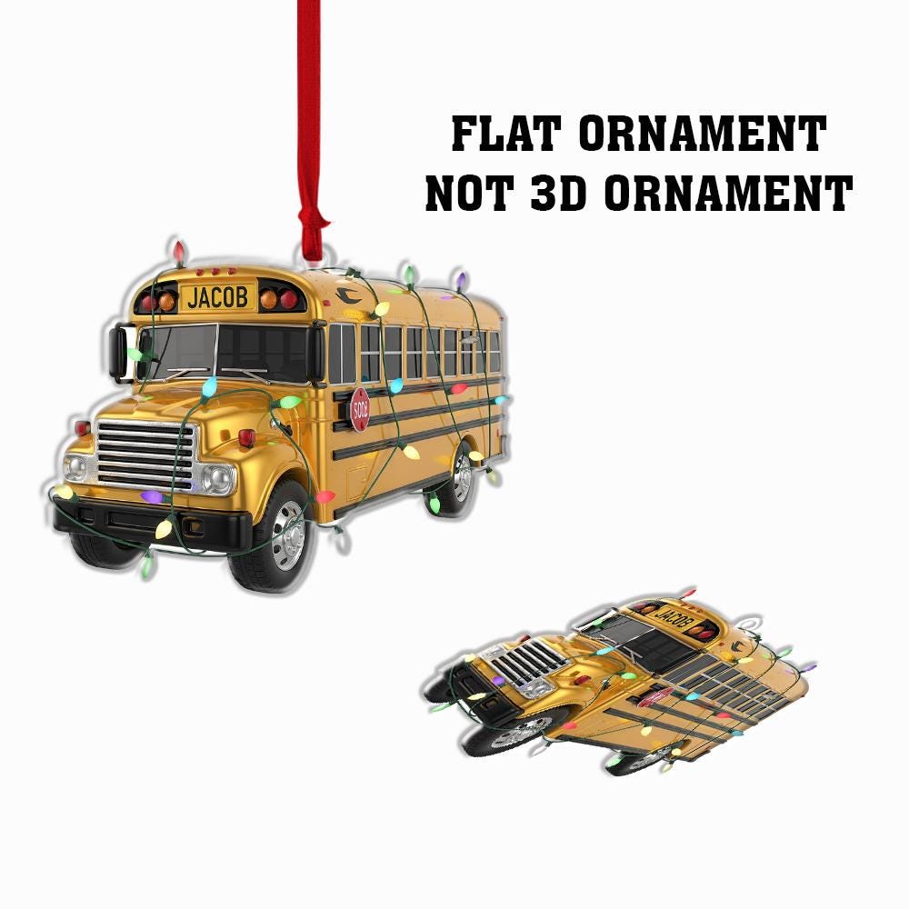 Personalized School Bus Ornament – Custom Name Yellow Bus Christmas Tree Decoration