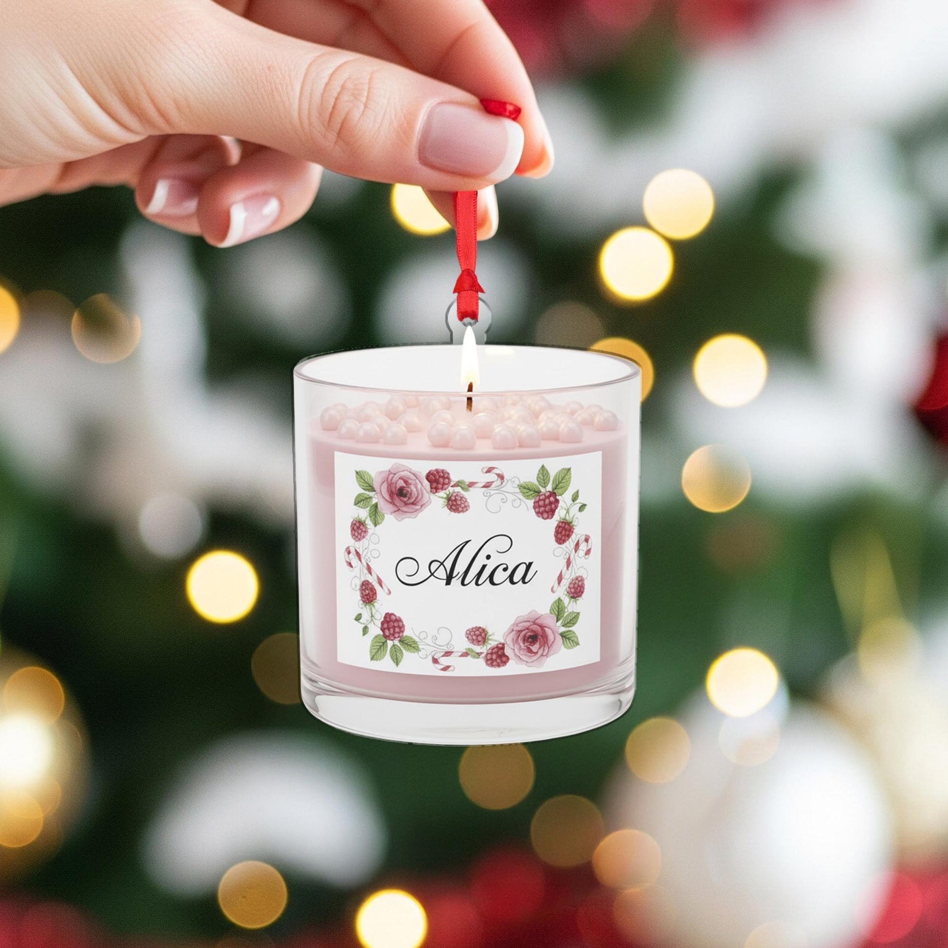 Personalized Scented Candle Ornament – Glass Decoration with Floral Label