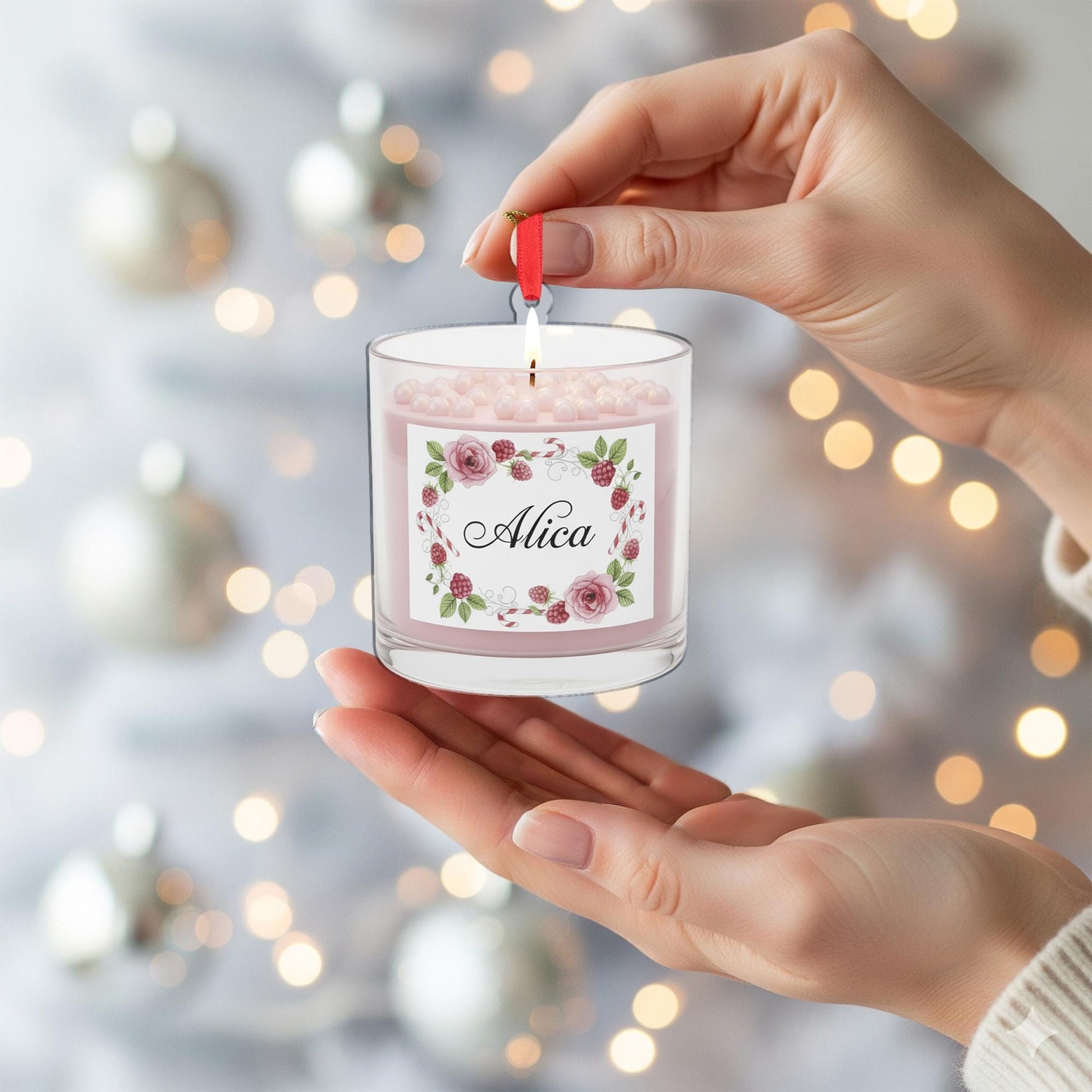 Personalized Scented Candle Ornament – Glass Decoration with Floral Label