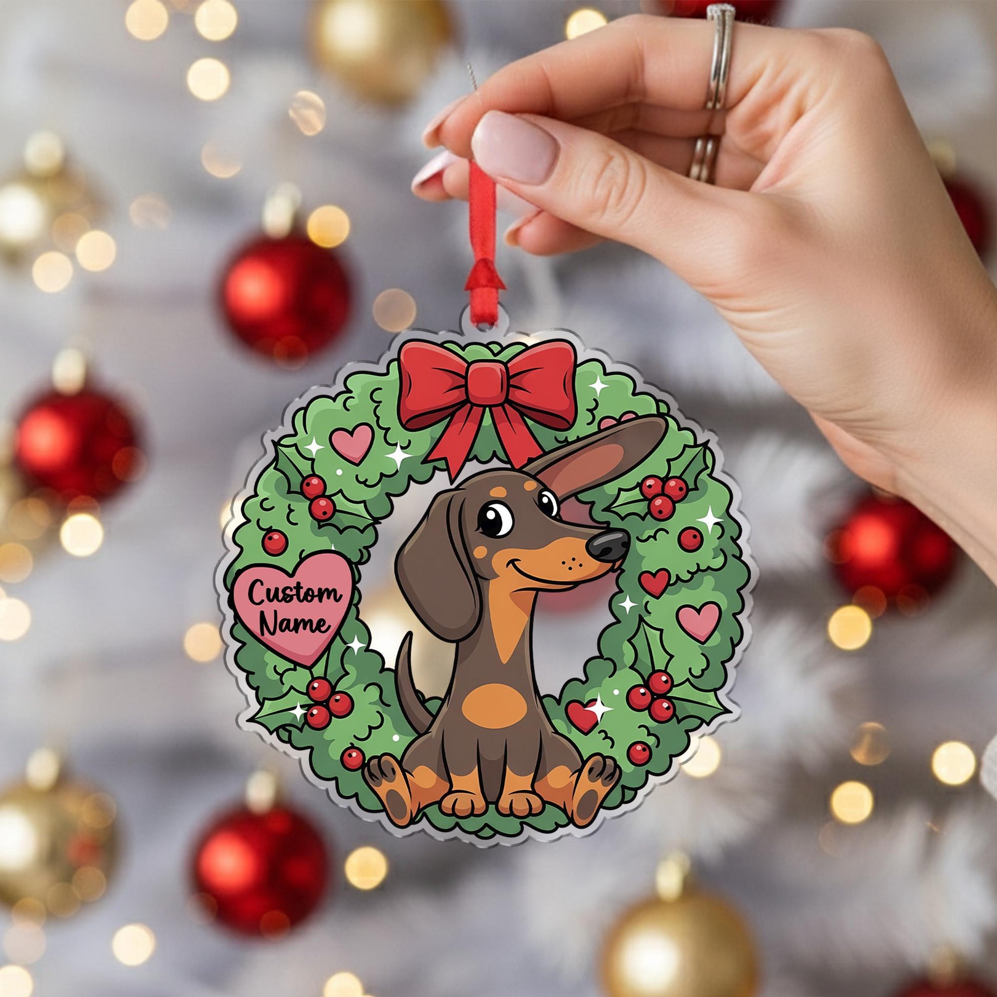 Personalized Dachshund Ornament – Custom Dog Name Christmas Wreath Decoration