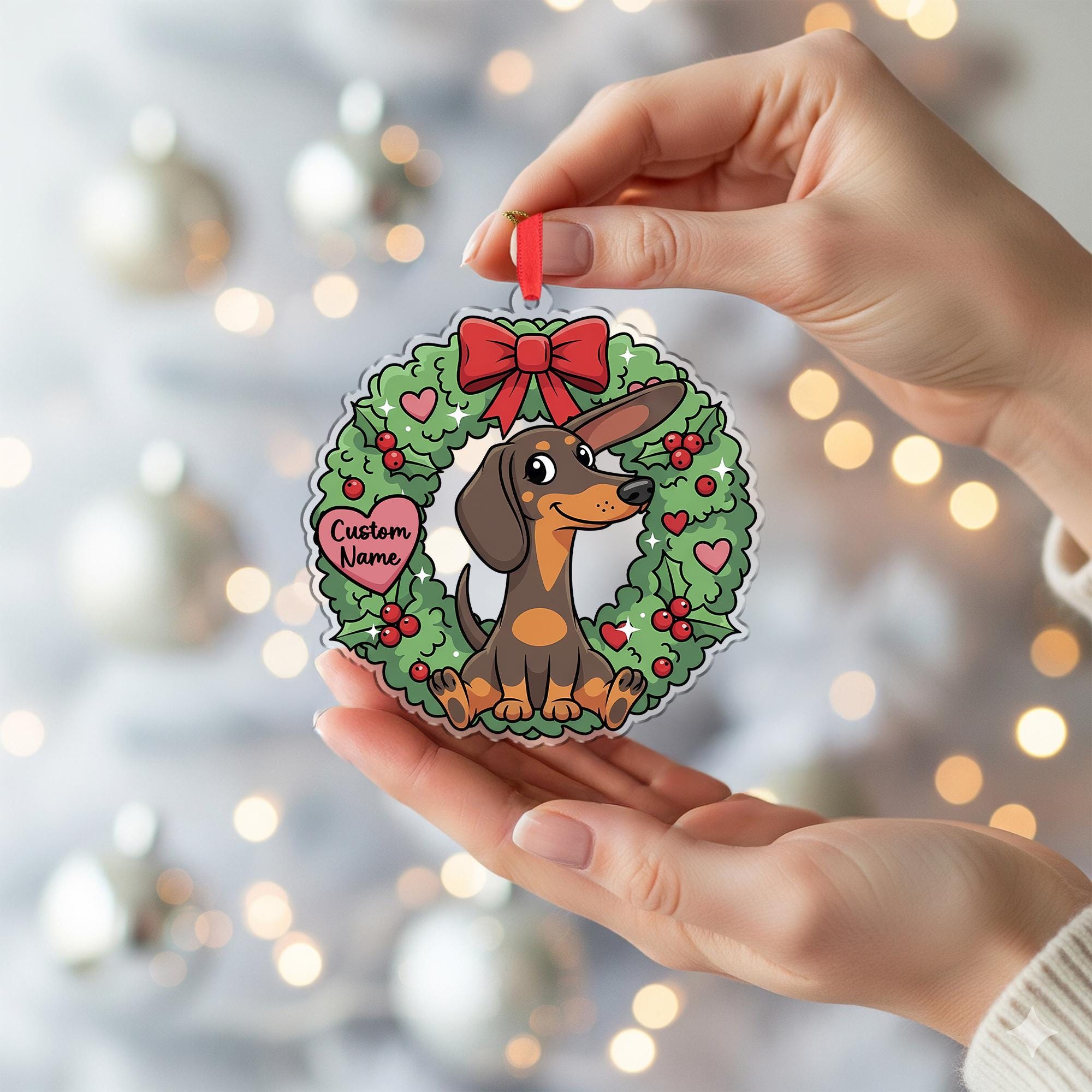 Personalized Dachshund Ornament – Custom Dog Name Christmas Wreath Decoration
