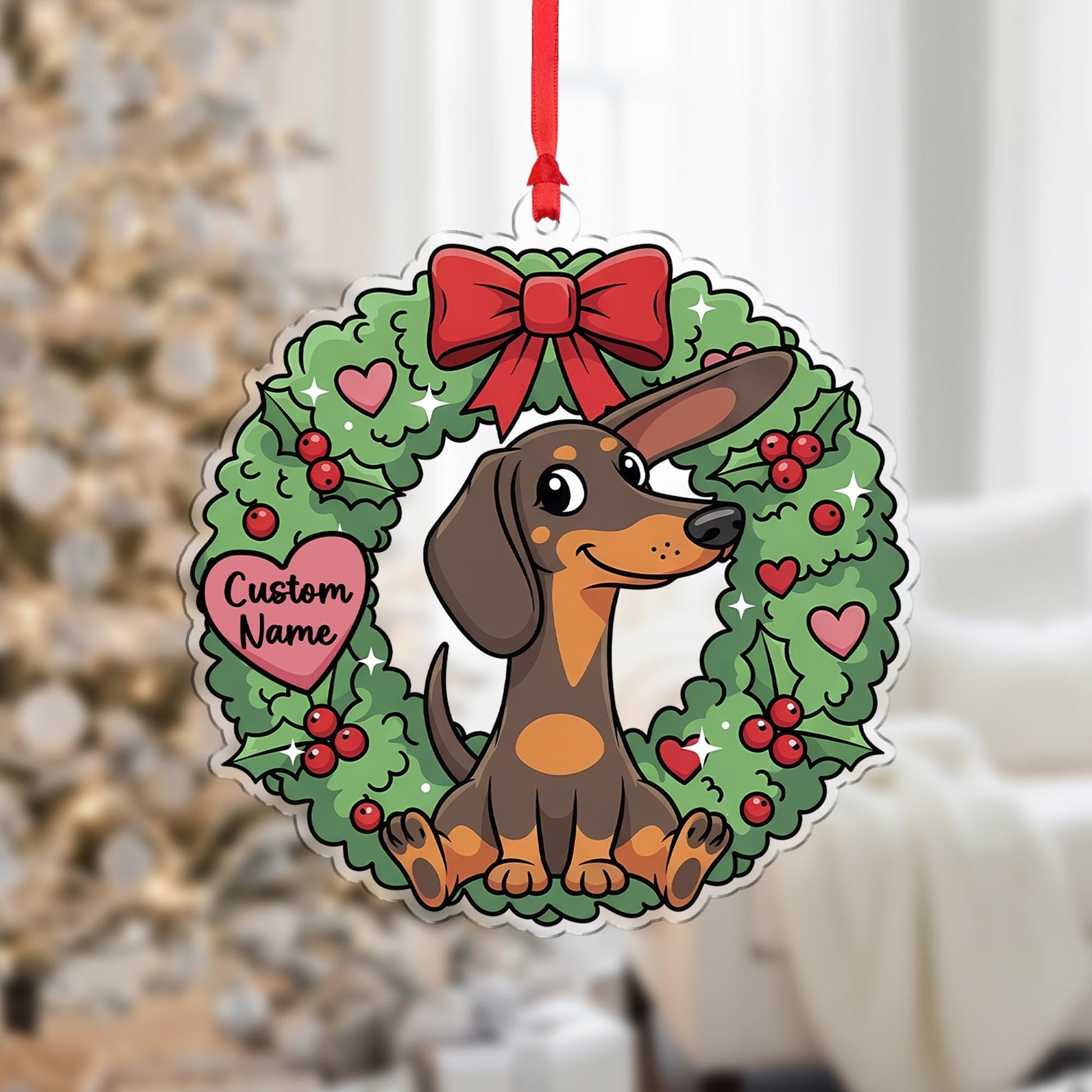 Personalized Dachshund Ornament – Custom Dog Name Christmas Wreath Decoration