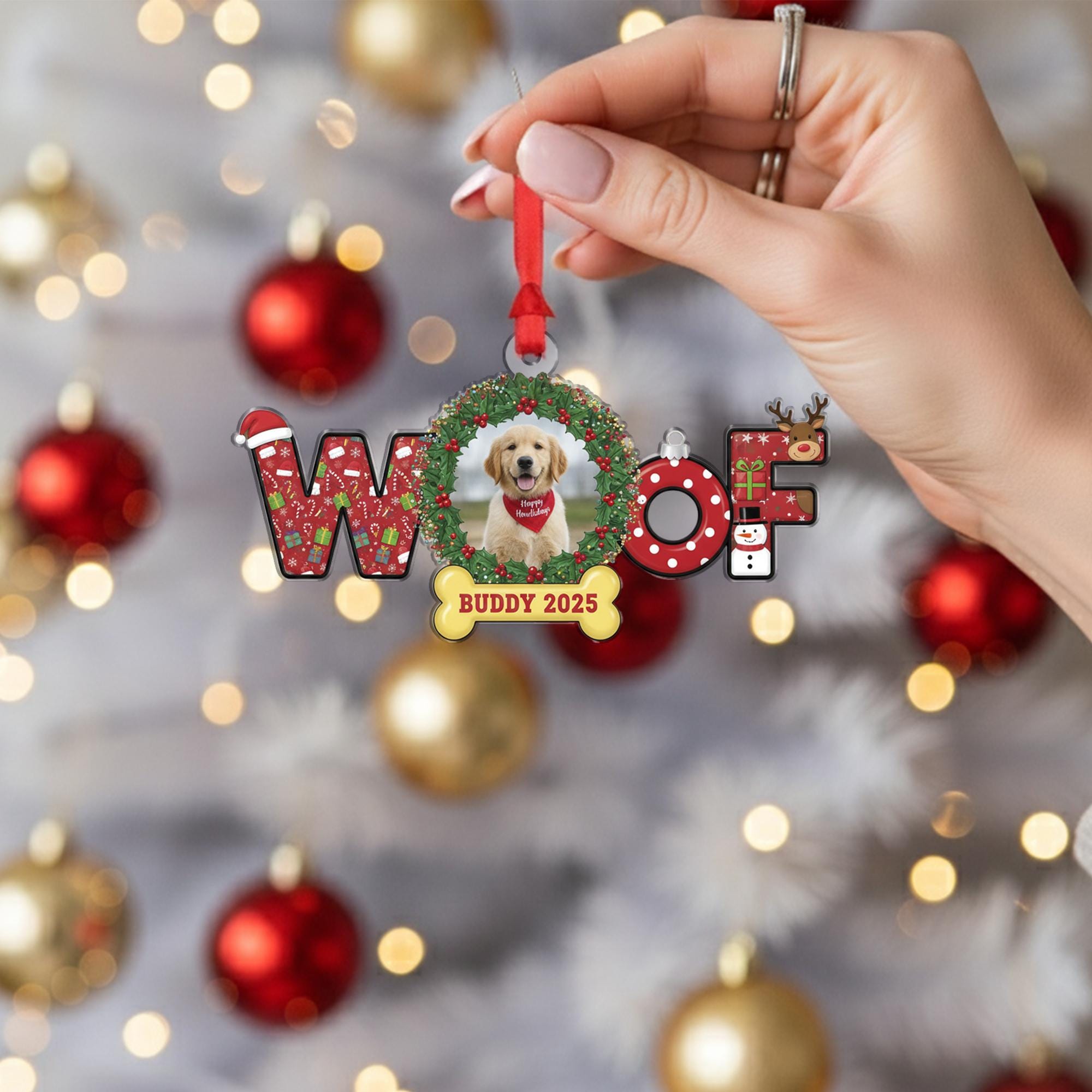 Custom Dog Photo Ornament – WOOF Design with Bone Tag and Holiday Wreath