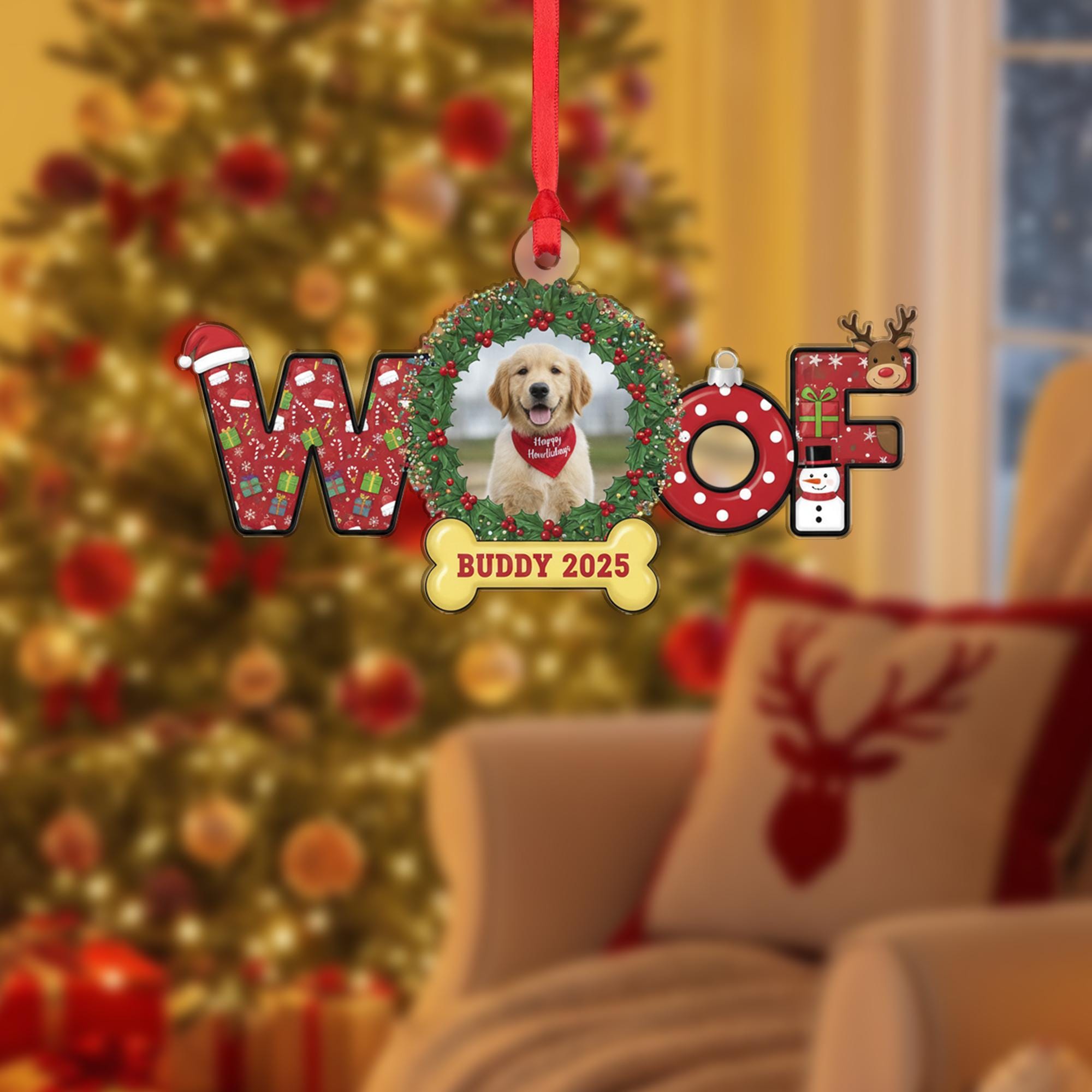 Custom Dog Photo Ornament – WOOF Design with Bone Tag and Holiday Wreath