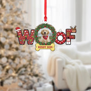 Custom Dog Photo Ornament – WOOF Design with Bone Tag and Holiday Wreath