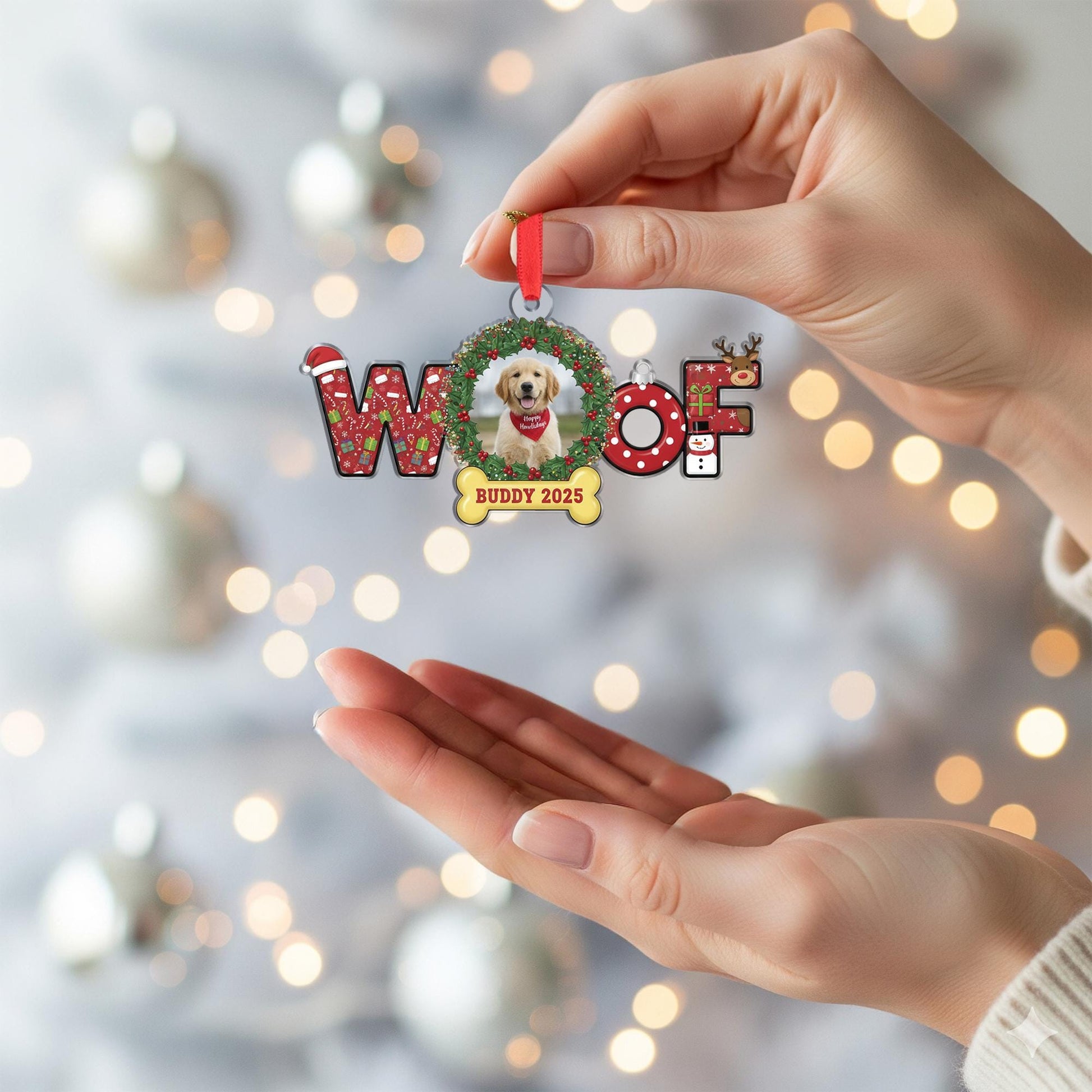 Custom Dog Photo Ornament – WOOF Design with Bone Tag and Holiday Wreath