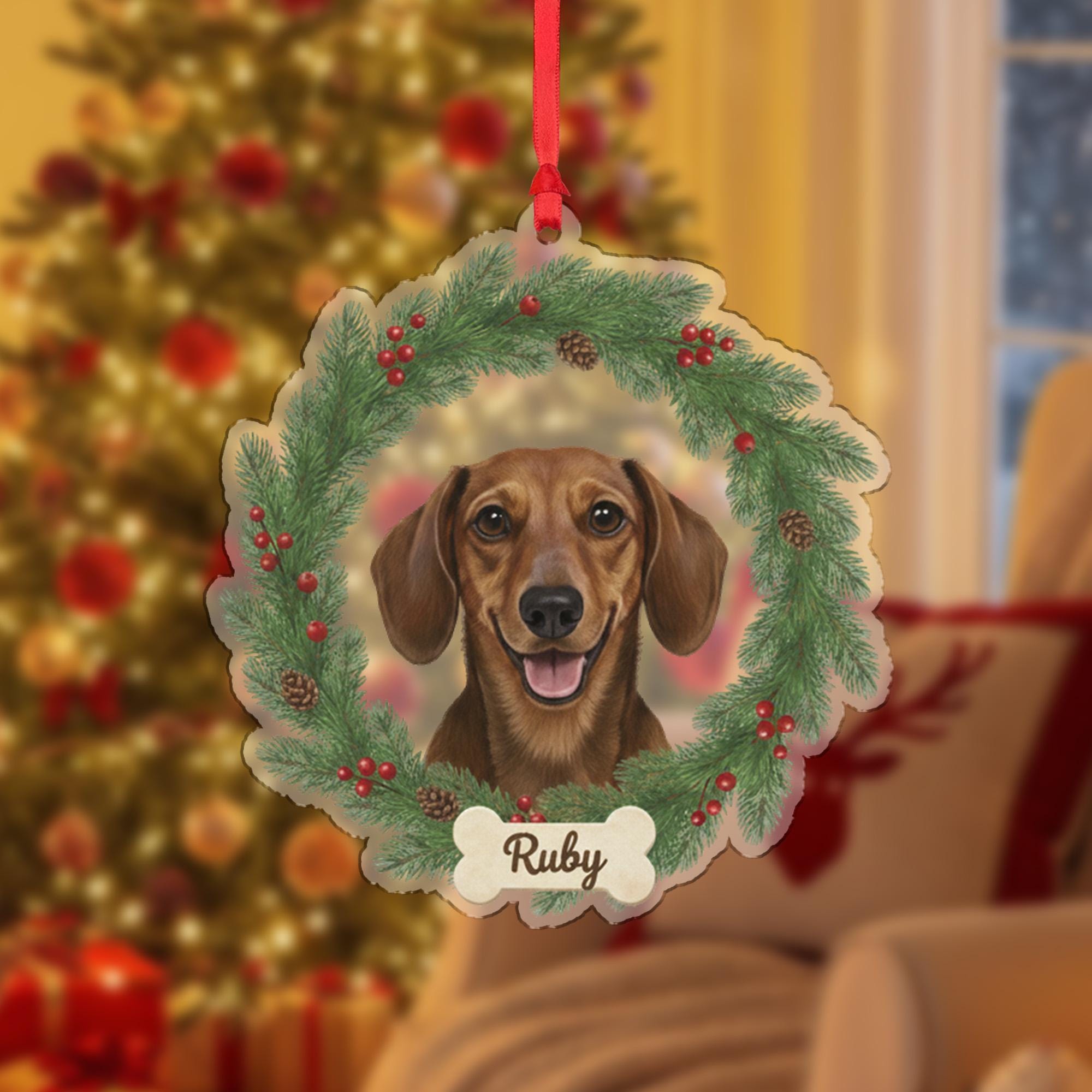 Custom Dog Name Ornament – Holiday Wreath with Bone Tag and Pet Portrait Design