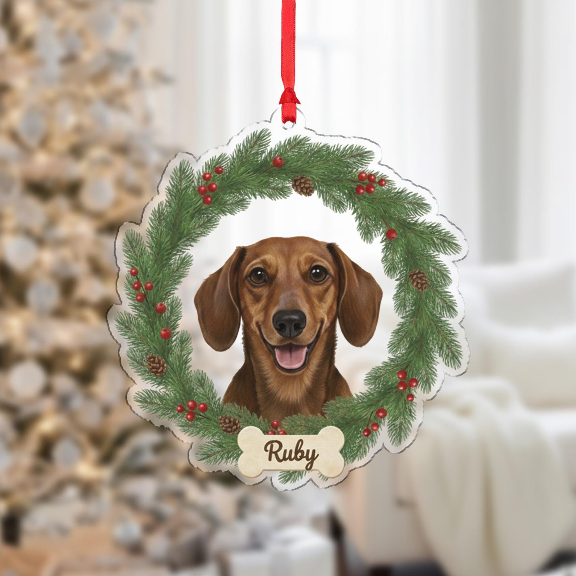 Custom Dog Name Ornament – Holiday Wreath with Bone Tag and Pet Portrait Design