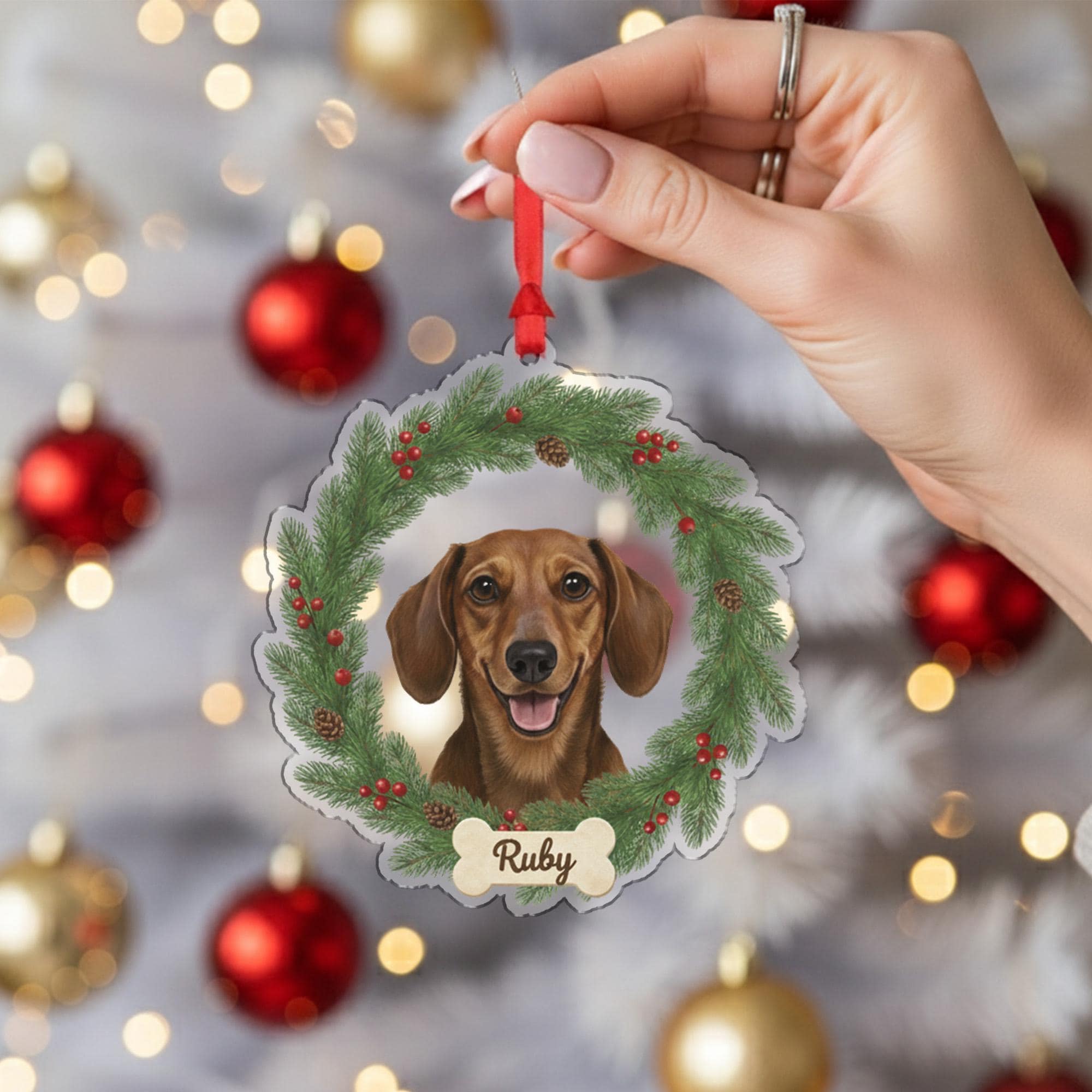 Custom Dog Name Ornament – Holiday Wreath with Bone Tag and Pet Portrait Design