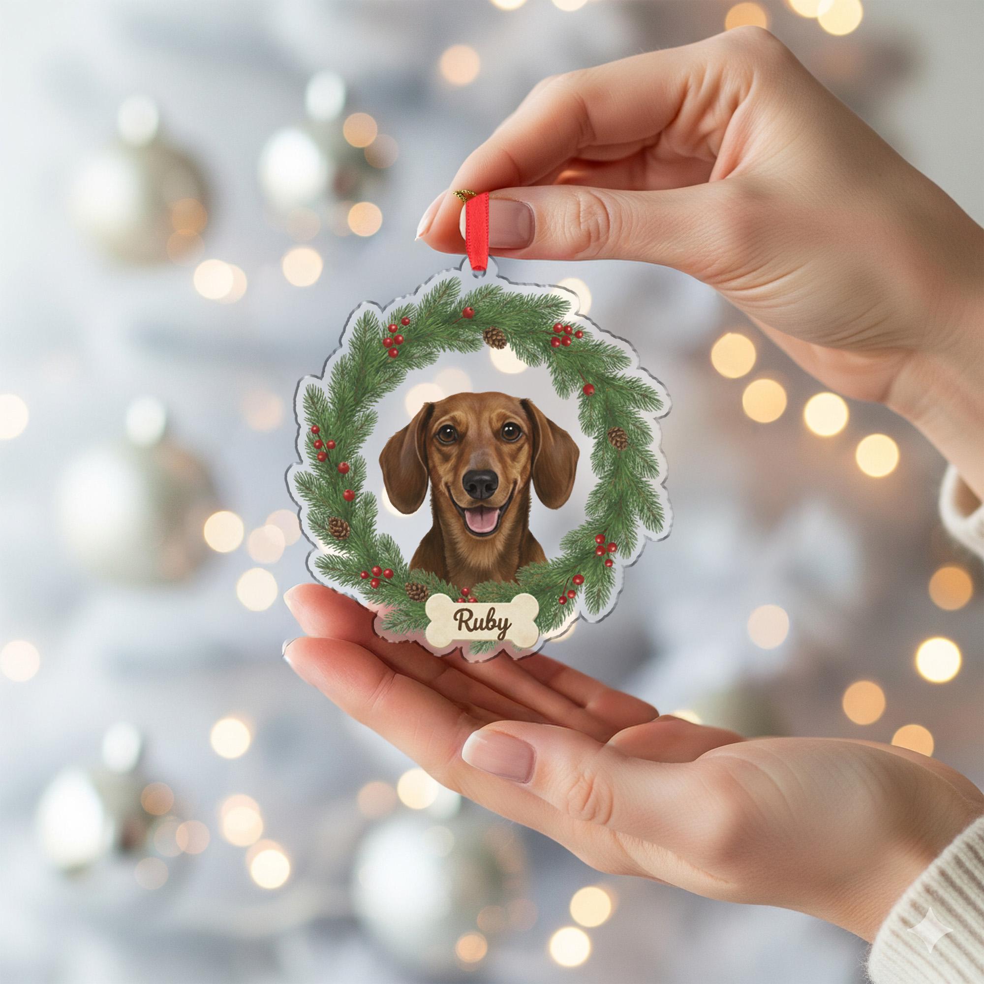 Custom Dog Name Ornament – Holiday Wreath with Bone Tag and Pet Portrait Design