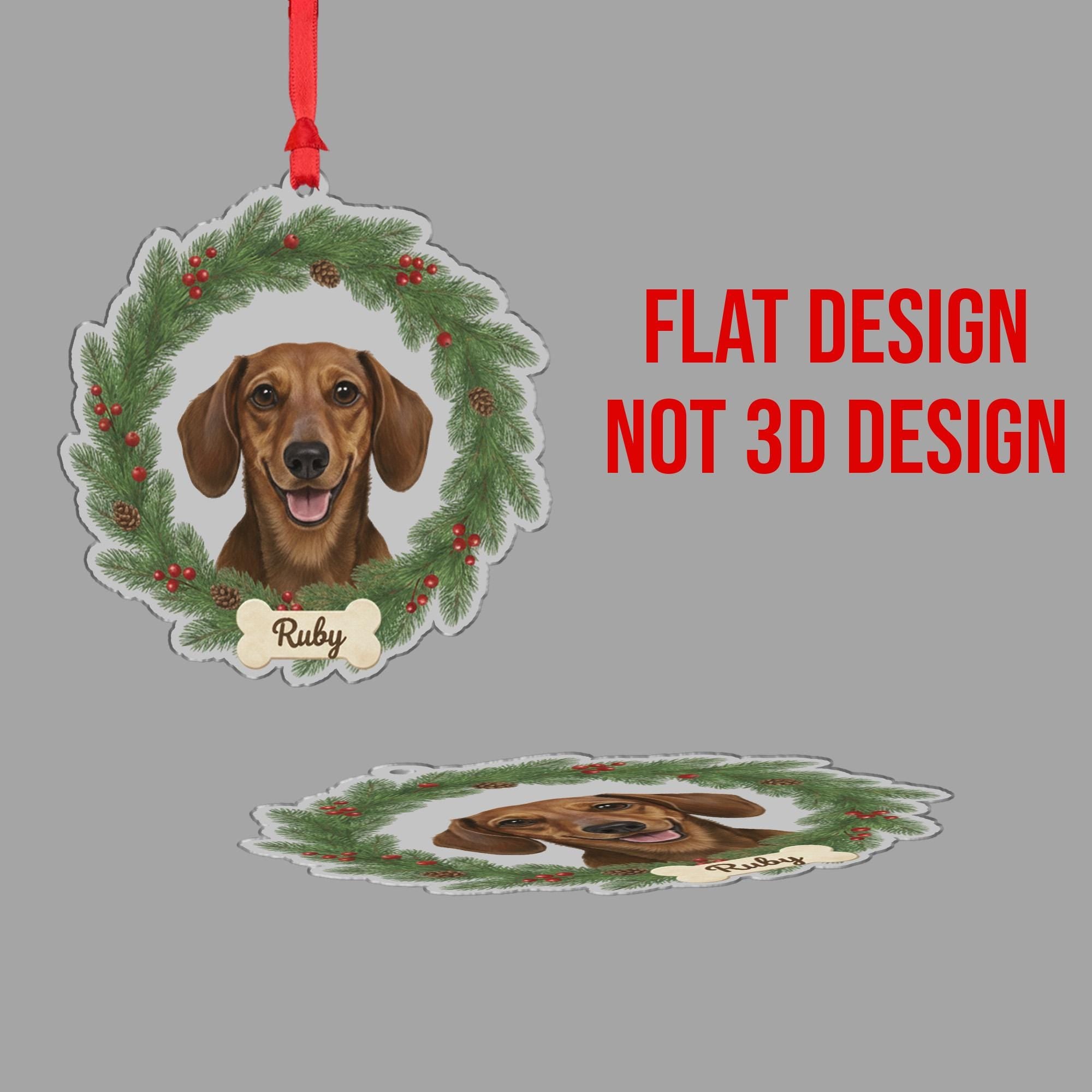 Custom Dog Name Ornament – Holiday Wreath with Bone Tag and Pet Portrait Design