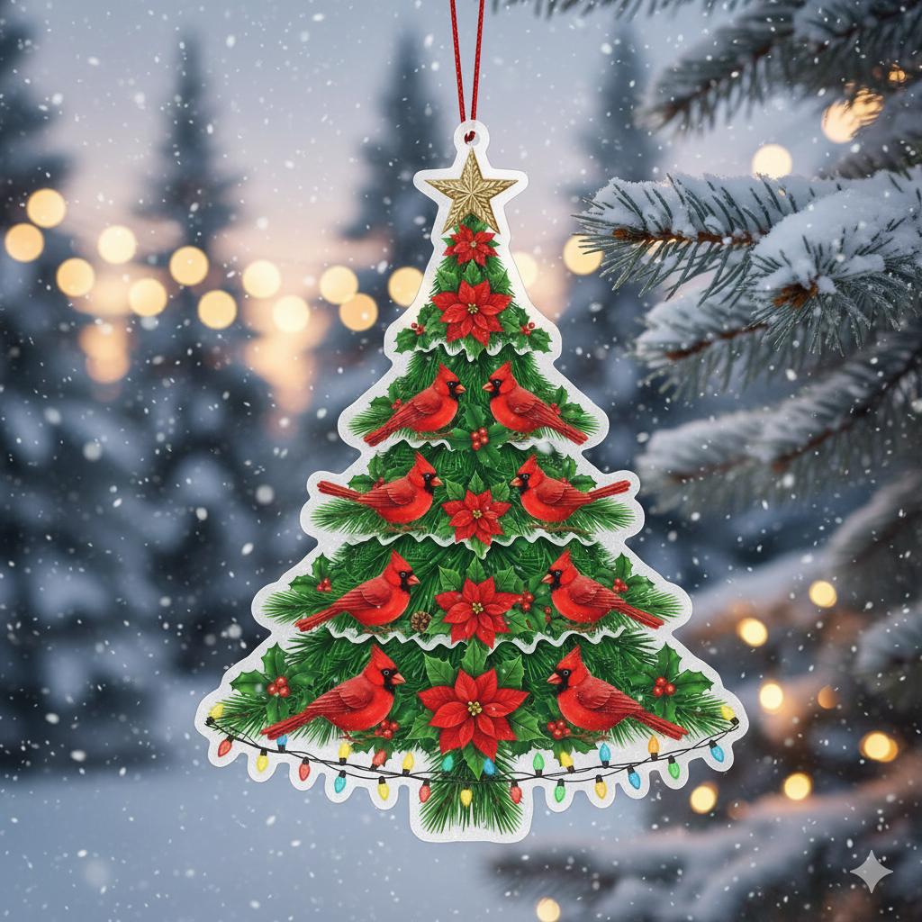 Christmas Tree Ornament with Cardinals and Poinsettias – Holiday Fireplace Decoration