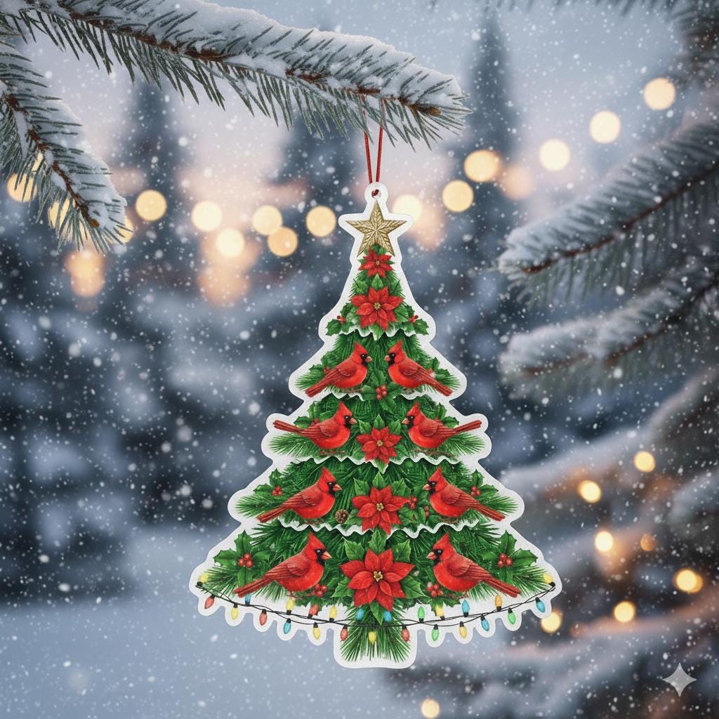 Christmas Tree Ornament with Cardinals and Poinsettias – Holiday Fireplace Decoration