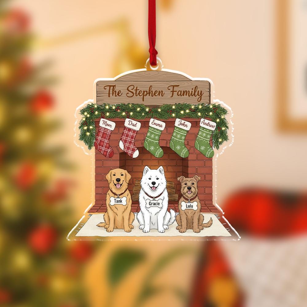 Personalized Family Fireplace Ornament – Custom Pet Christmas Ornament with Names