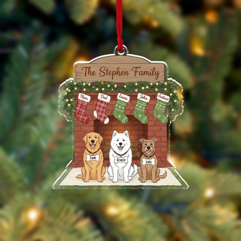 Personalized Family Fireplace Ornament – Custom Pet Christmas Ornament with Names