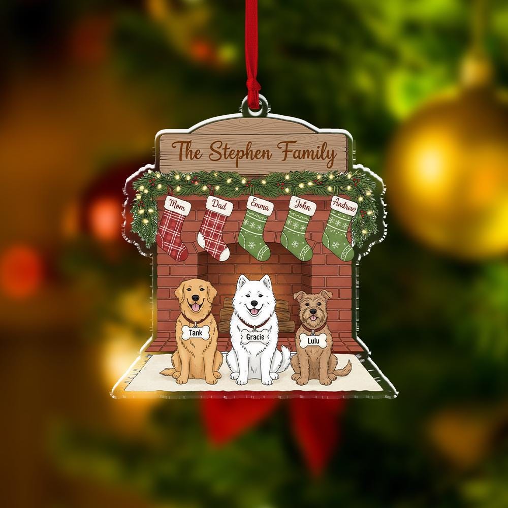 Personalized Family Fireplace Ornament – Custom Pet Christmas Ornament with Names