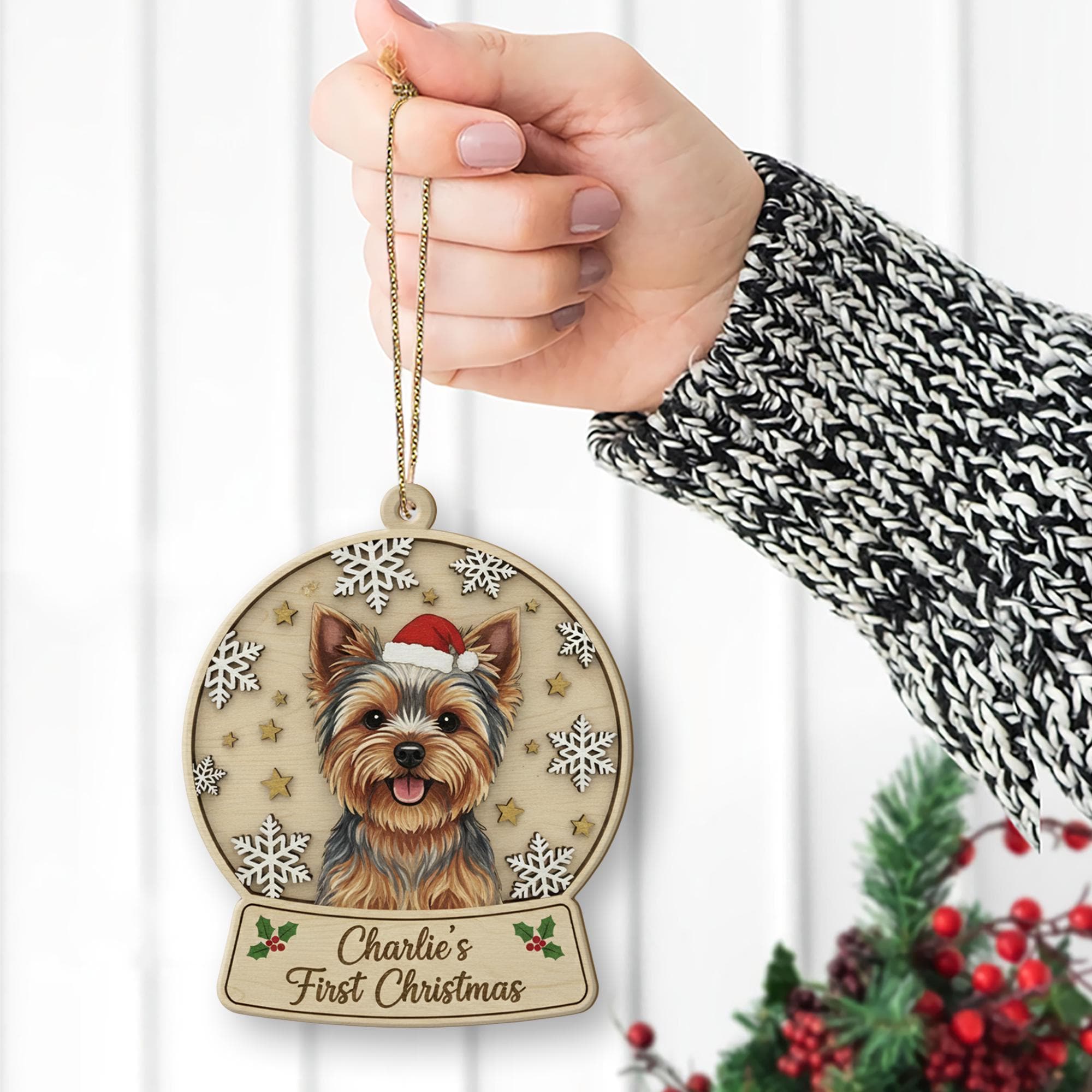 Personalized Dog Ornament — Engraved Wood Pet First Christmas Keepsake Ornament