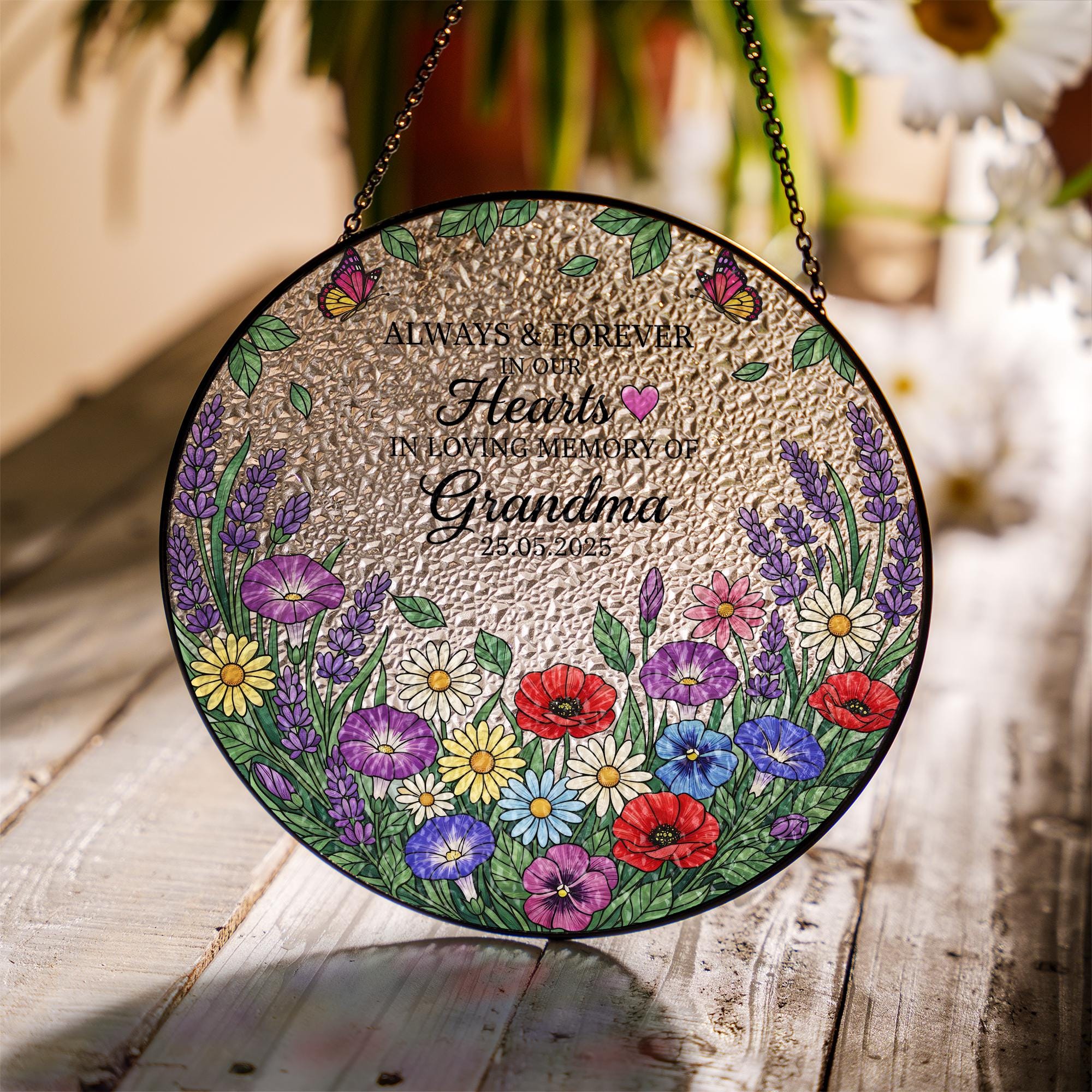 Personalized Flower Memorial Suncatcher – Round Glass Keepsake