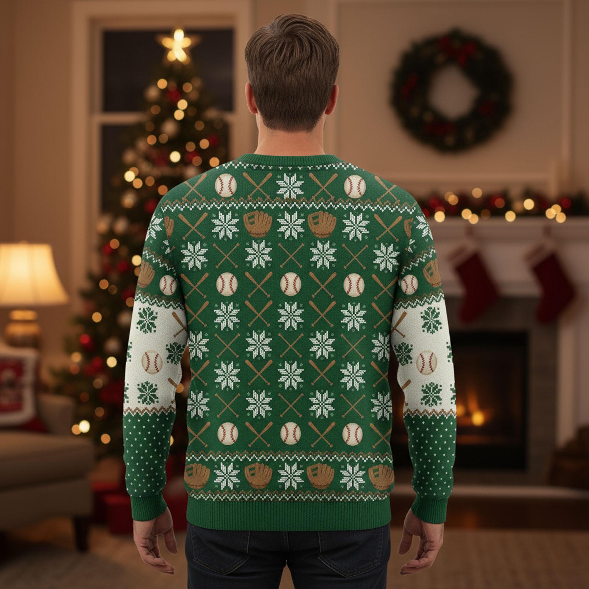 Custom Baseball Daddy’s Dream Team Sweater: All-Over Print Holiday Knit Pullover