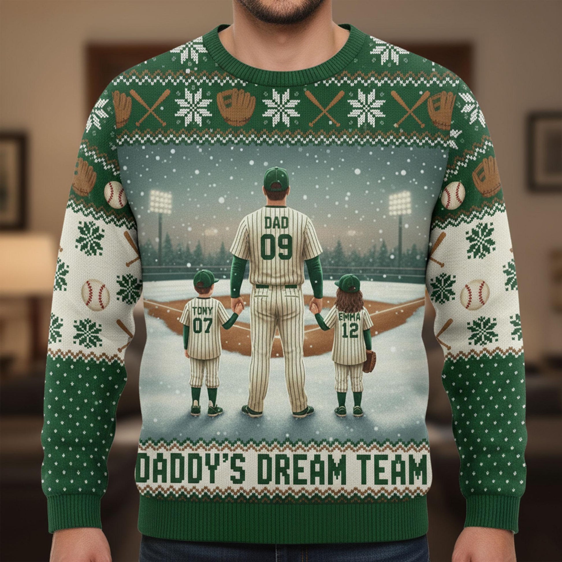Custom Baseball Daddy’s Dream Team Sweater: All-Over Print Holiday Knit Pullover