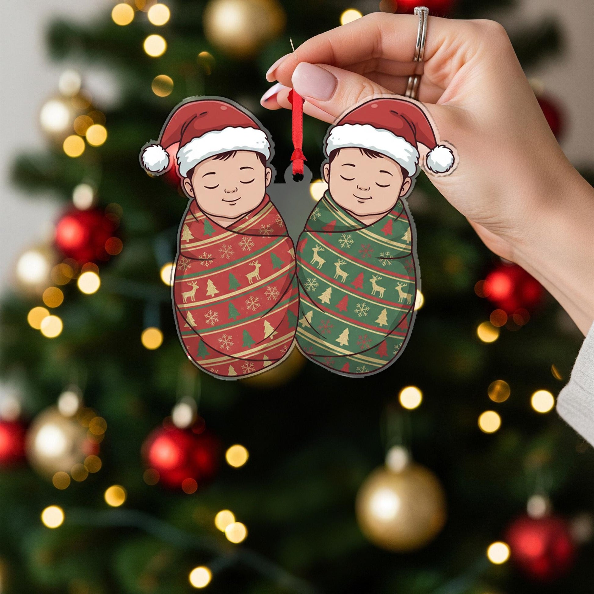 Personalized Twins Ornament – Custom Baby Decoration with Christmas Hats