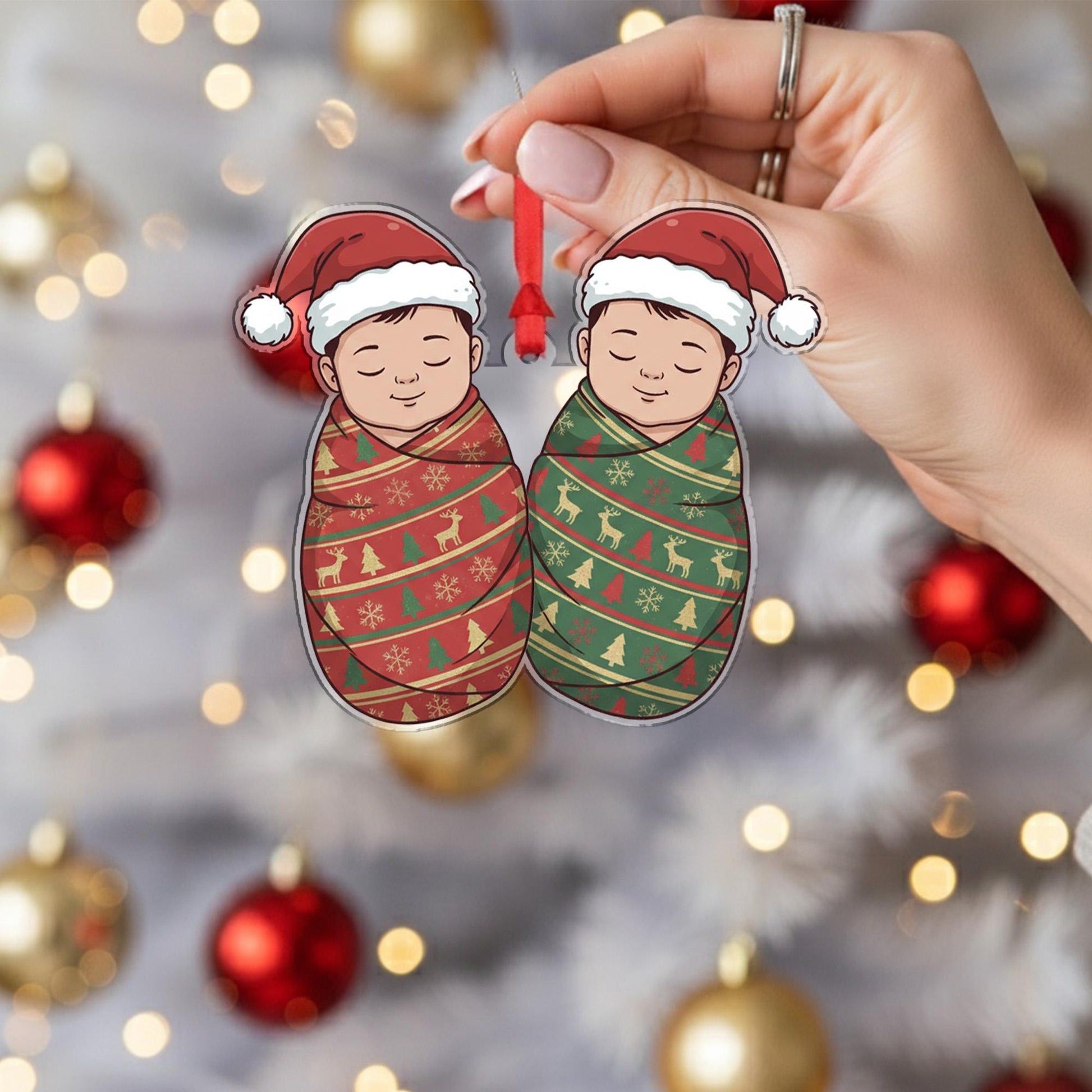 Personalized Twins Ornament – Custom Baby Decoration with Christmas Hats