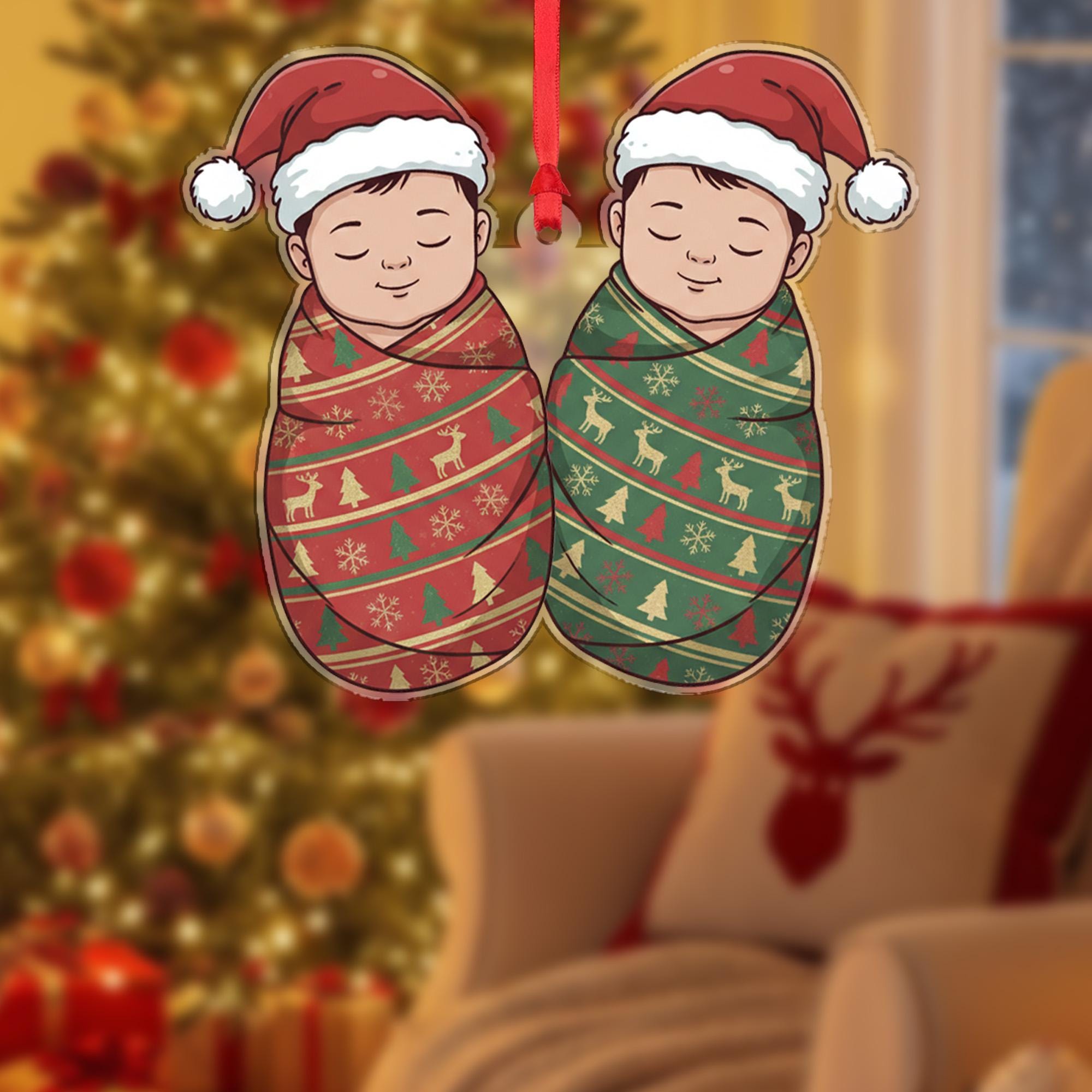 Personalized Twins Ornament – Custom Baby Decoration with Christmas Hats