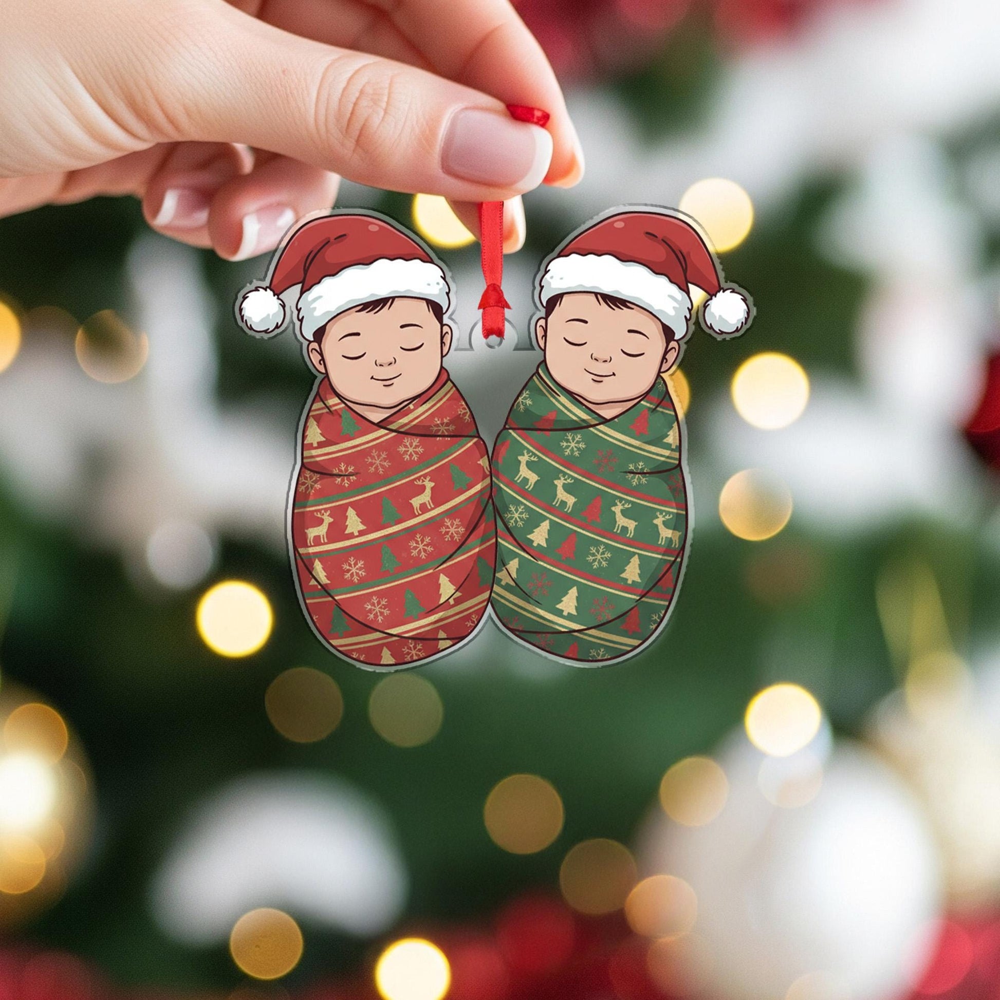 Personalized Twins Ornament – Custom Baby Decoration with Christmas Hats