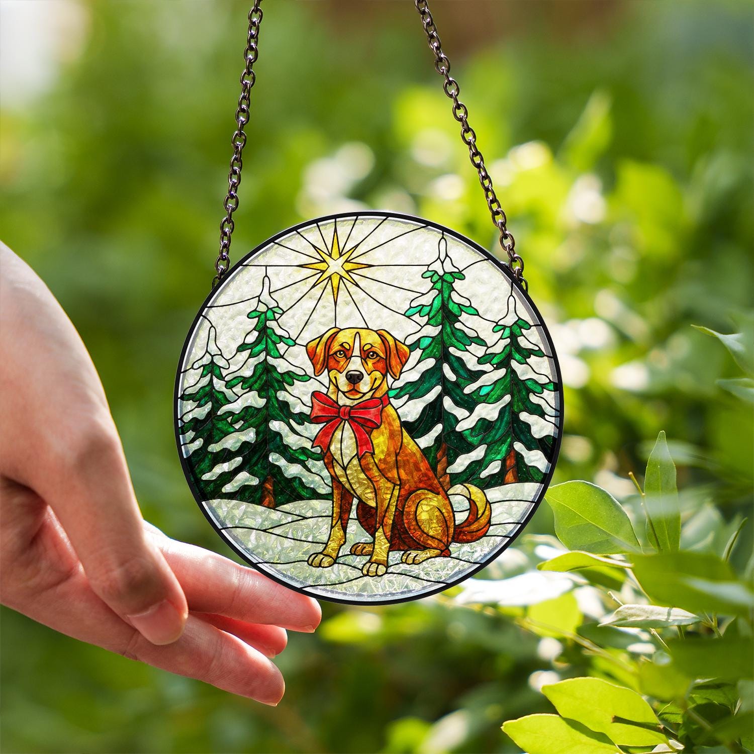 Custom Dog Breed Christmas Glass Suncatcher – Faux Stained Glass Ornament Winter Scene