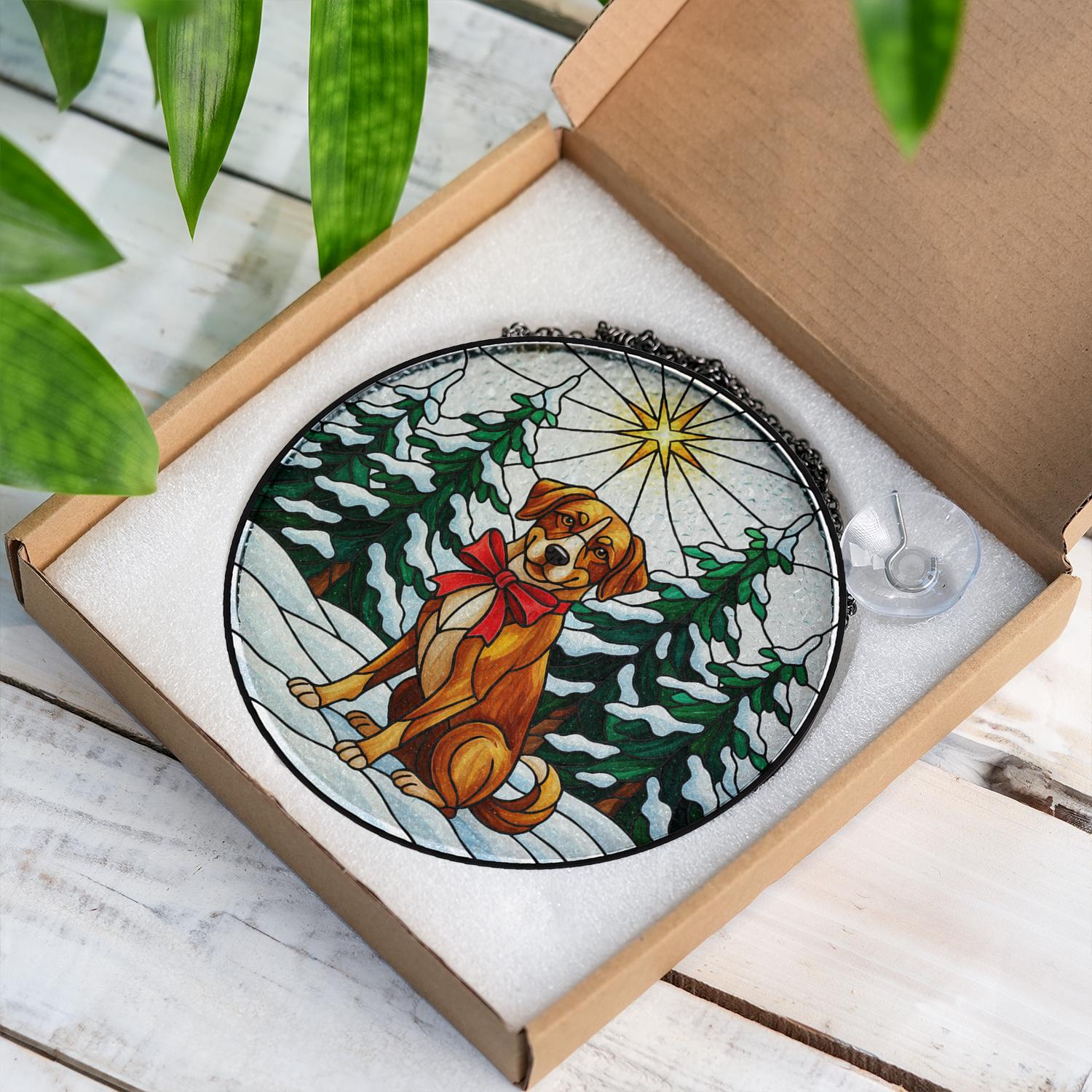 Custom Dog Breed Christmas Glass Suncatcher – Faux Stained Glass Ornament Winter Scene