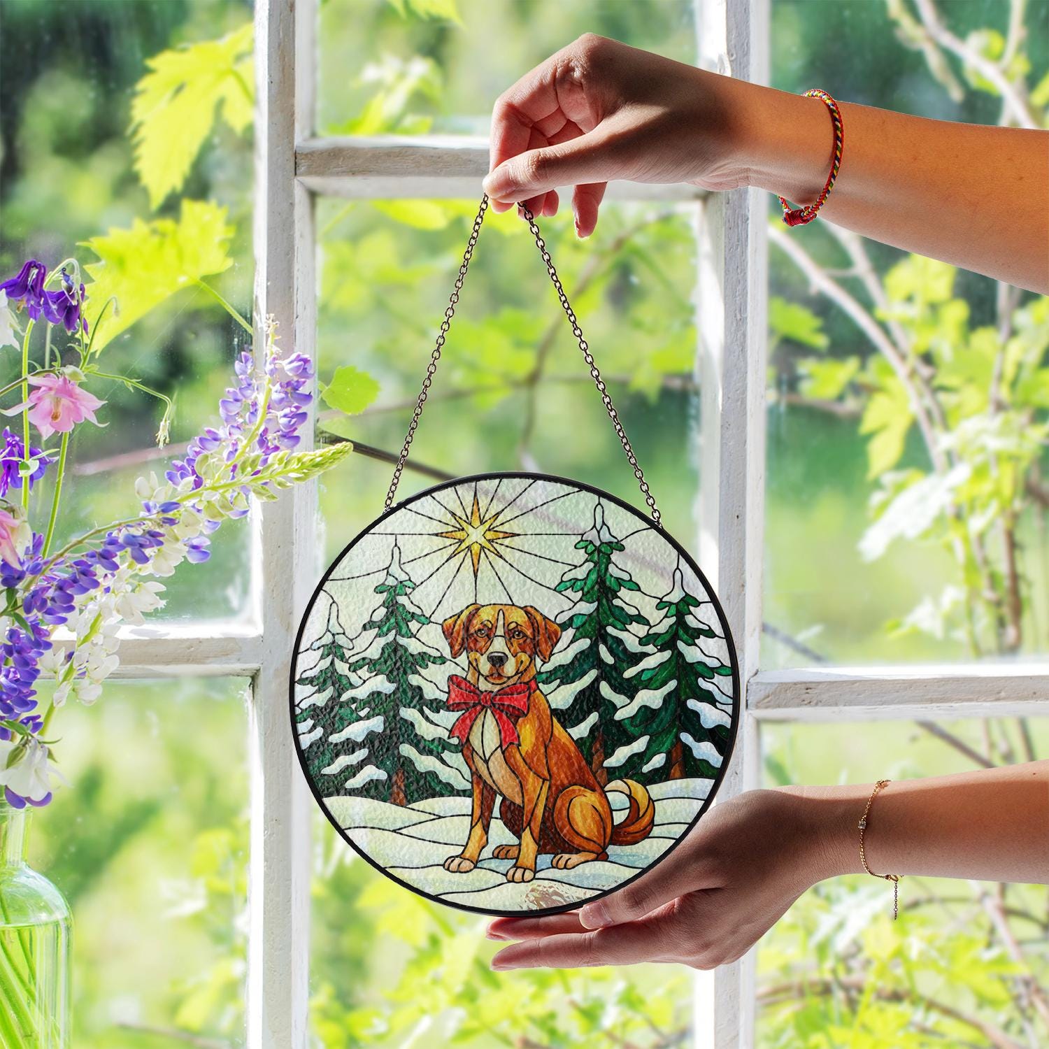 Custom Dog Breed Christmas Glass Suncatcher – Faux Stained Glass Ornament Winter Scene