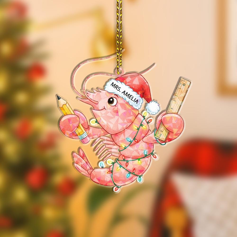 Personalized Shrimp Christmas Ornament – Teacher Design with Santa Hat and School Supplies
