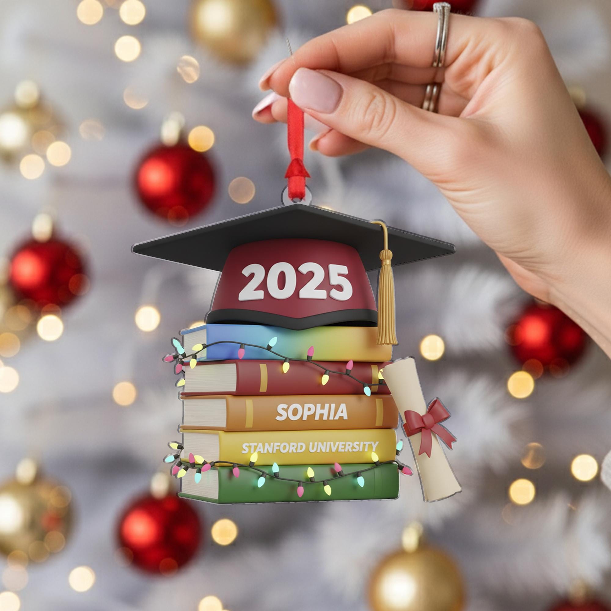 Personalized Graduation Ornament 2025, Custom Name and University on Stacked Books, Acrylic Keepsake Decoration