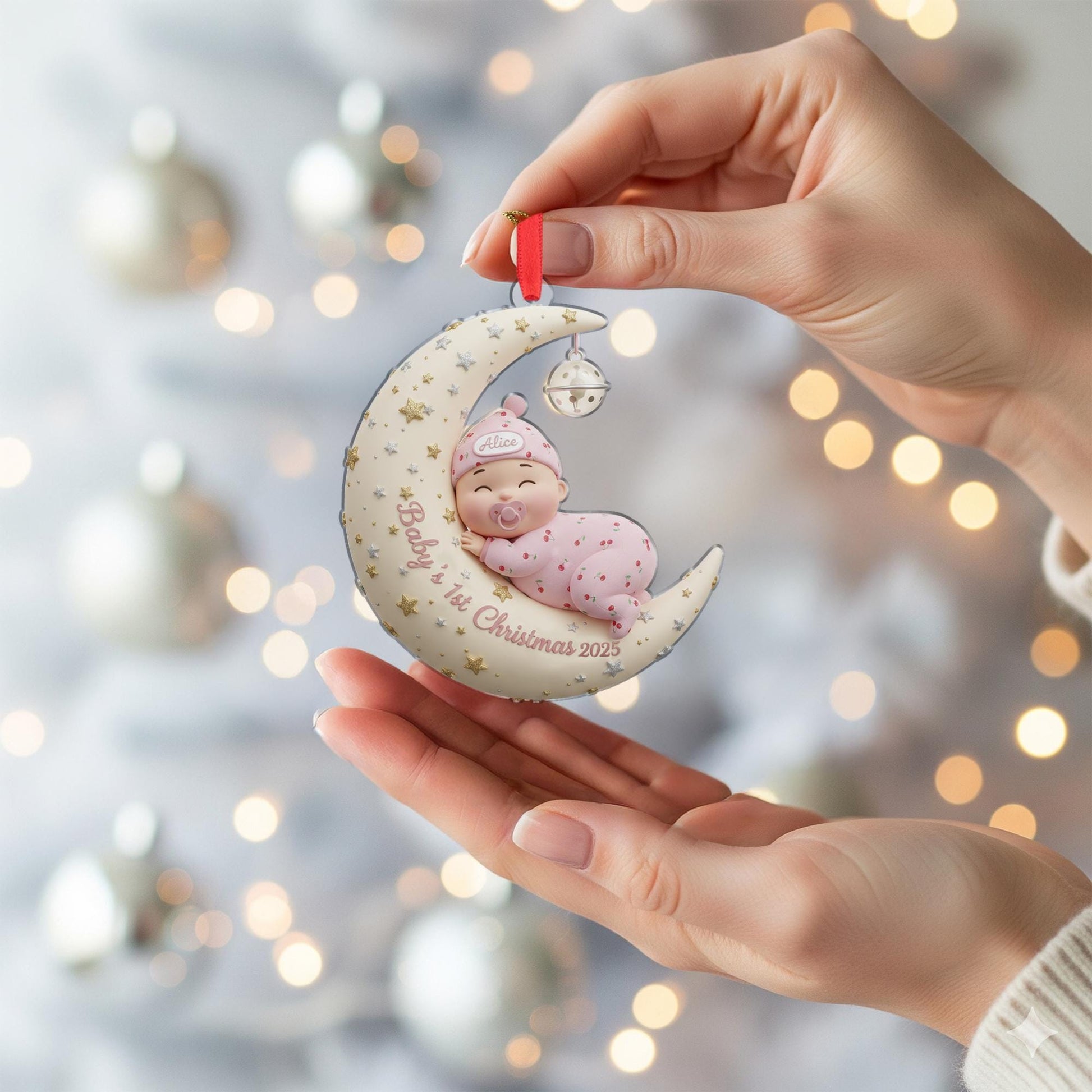 Personalized Baby's First Christmas Ornament: Sleeping Baby on Moon