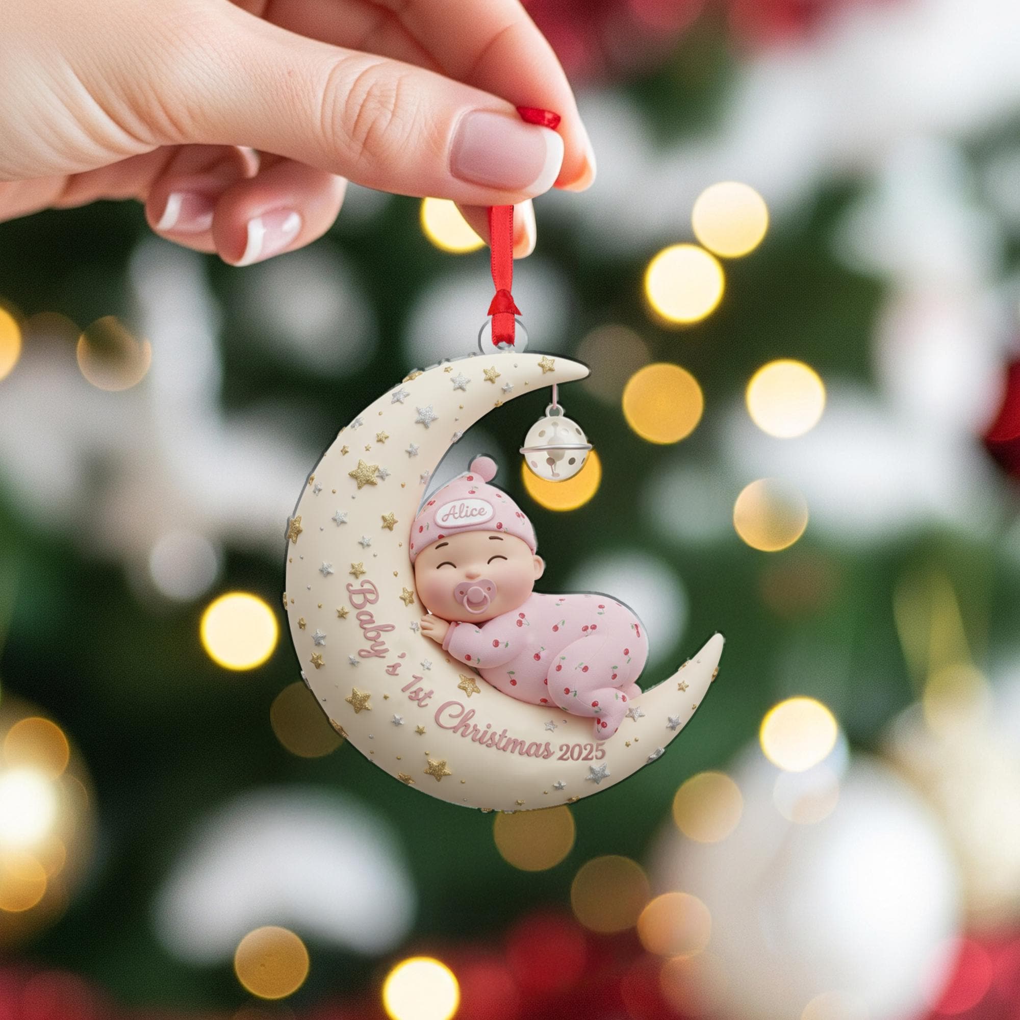 Personalized Baby's First Christmas Ornament: Sleeping Baby on Moon