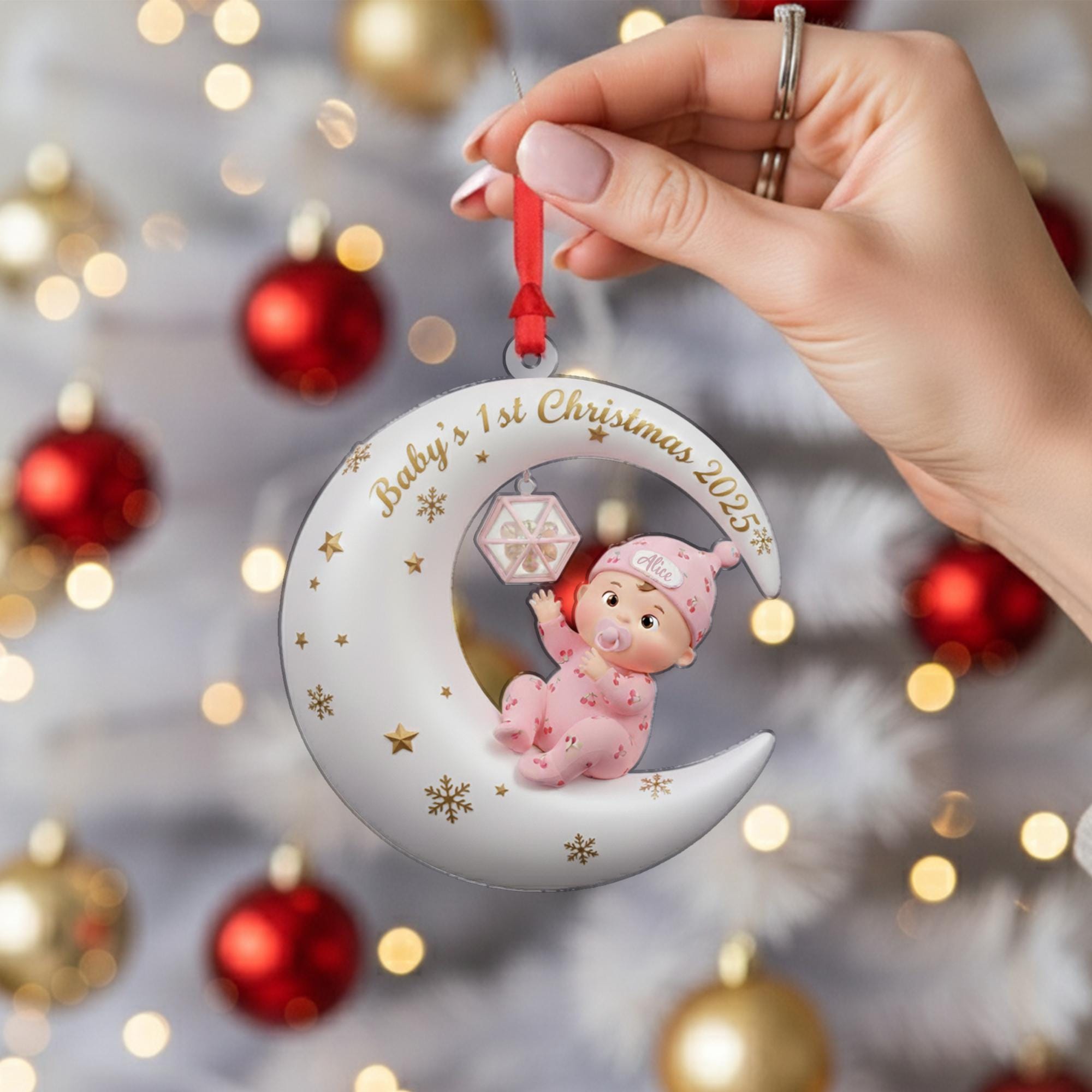 Personalized Baby's First Christmas Ornament: Sitting Baby on Moon, Acrylic Keepsake