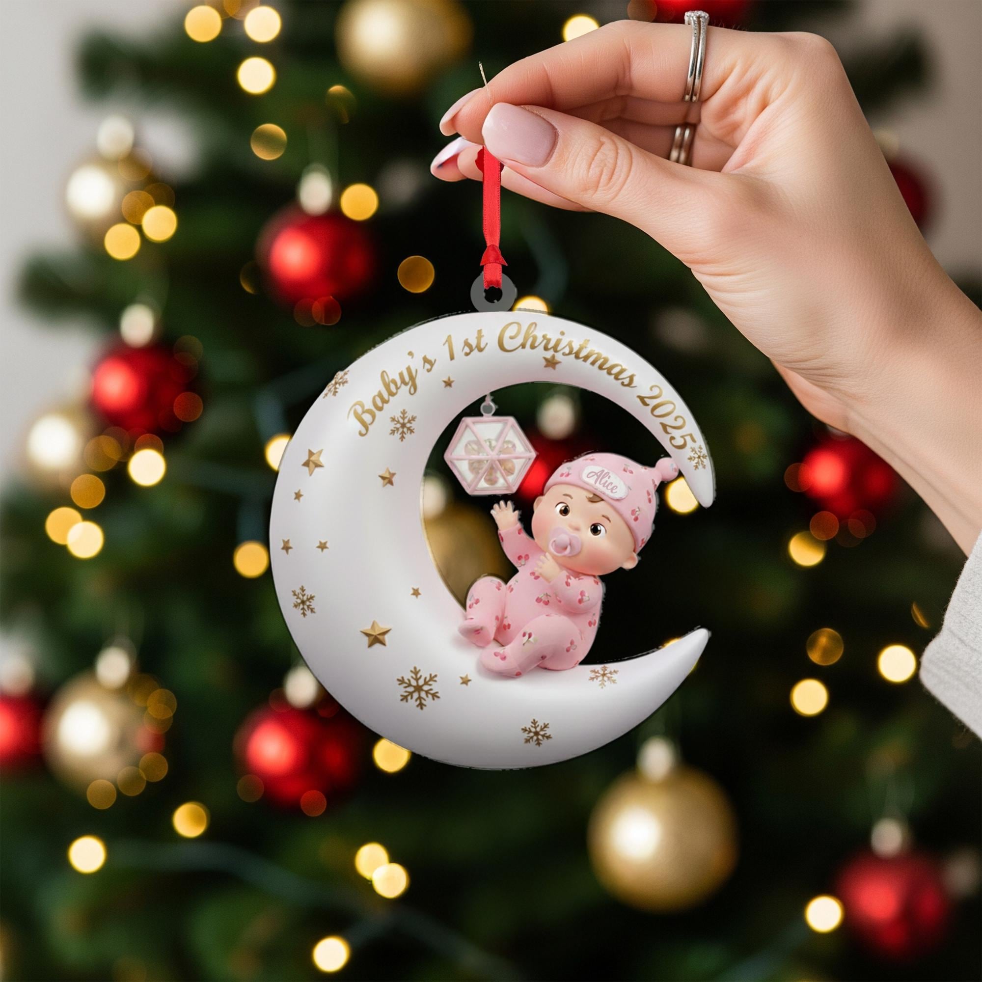 Personalized Baby's First Christmas Ornament: Sitting Baby on Moon, Acrylic Keepsake