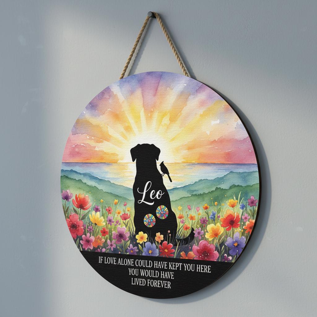 Personalized Dog Memorial Plaque: Watercolor Sunset Wooden Remembrance