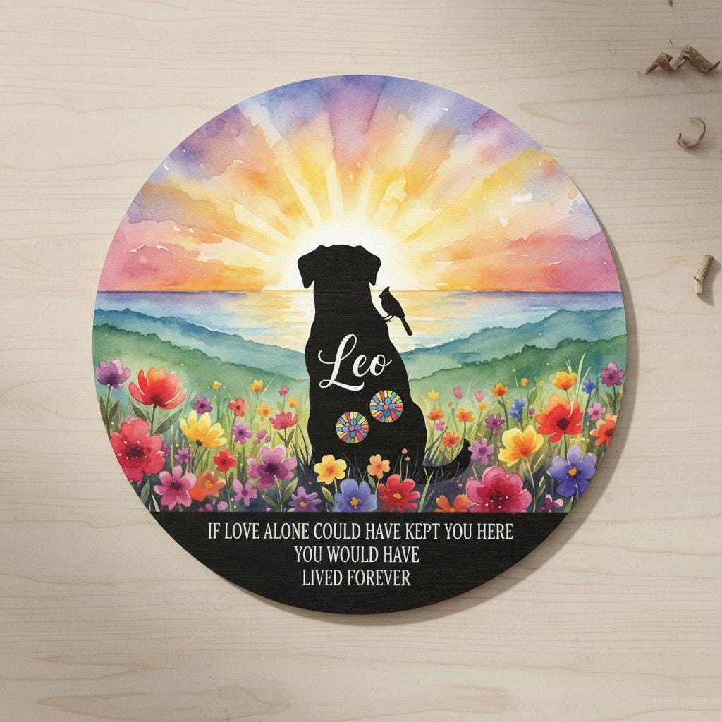 Personalized Dog Memorial Plaque: Watercolor Sunset Wooden Remembrance
