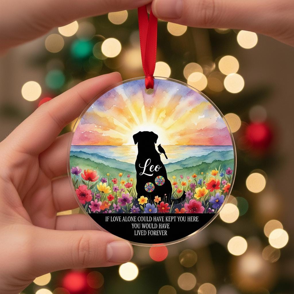 Personalized Dog Memorial Ornament: Watercolor Sunset, Pet Loss Keepsake