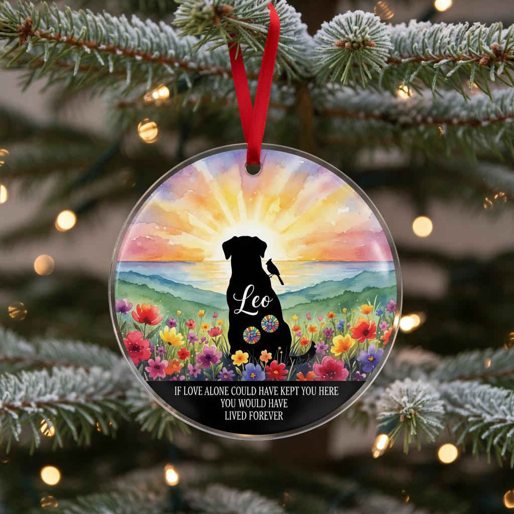 Personalized Dog Memorial Ornament: Watercolor Sunset, Pet Loss Keepsake