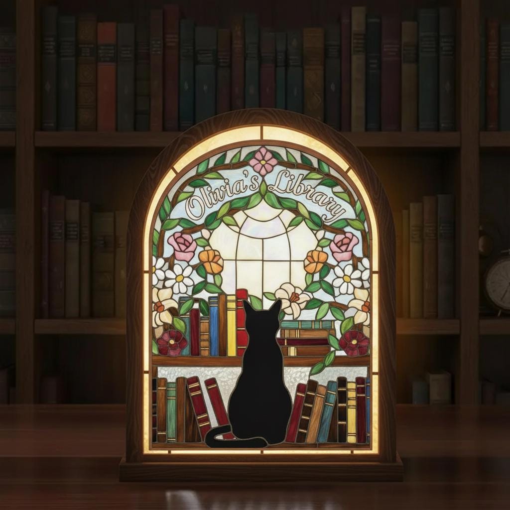Custom Candle Holder: Personalized Cat Library Lighted Decor Book Lover Home Display