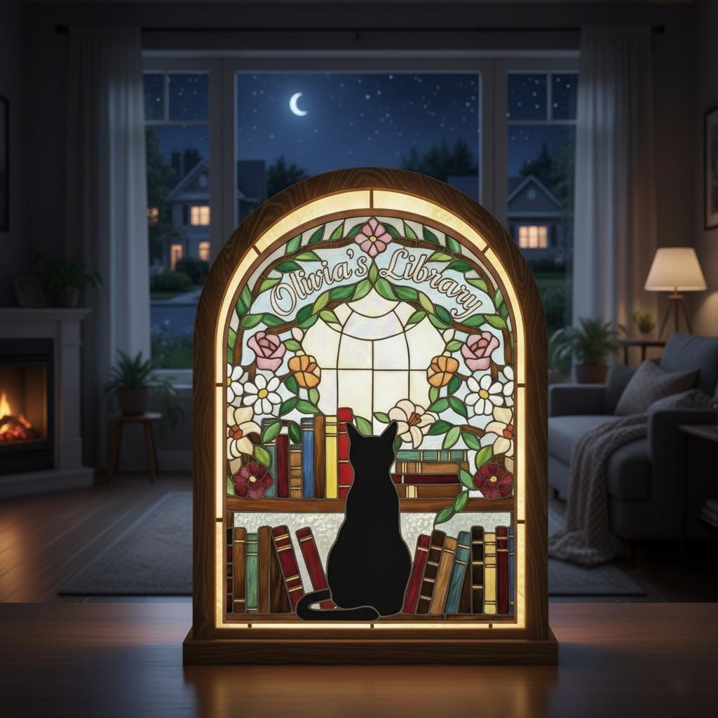 Custom Candle Holder: Personalized Cat Library Lighted Decor Book Lover Home Display