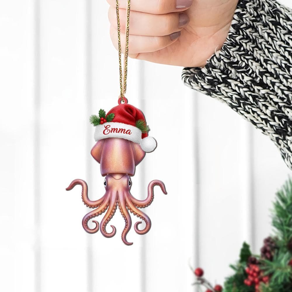 Personalized Squid Ornament – Christmas Sea Life Design with Santa Hat