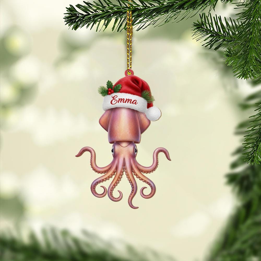 Personalized Squid Ornament – Christmas Sea Life Design with Santa Hat